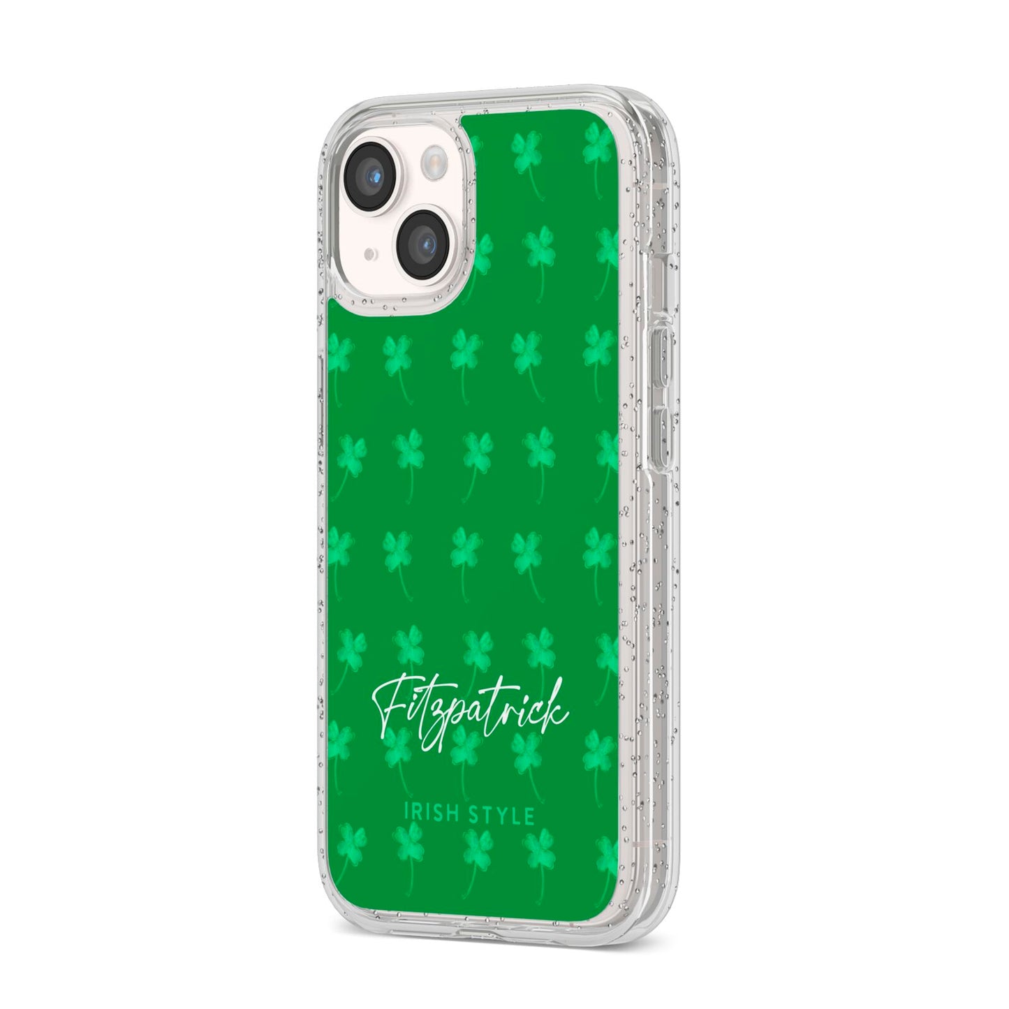 Personalised Green Shamrock iPhone 14 Glitter Tough Case Starlight Angled Image
