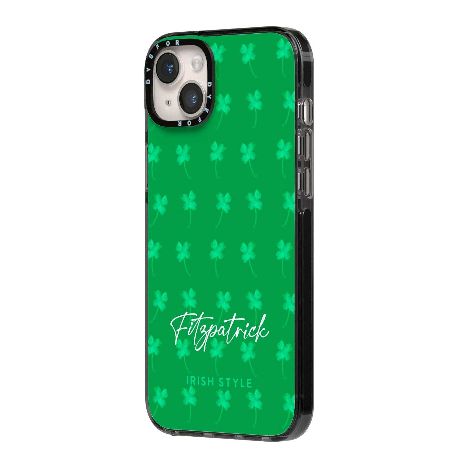 Personalised Green Shamrock iPhone 14 Plus Black Impact Case Side Angle on Silver phone