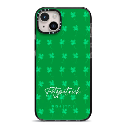 Personalised Green Shamrock iPhone 14 Plus Black Impact Case on Silver phone