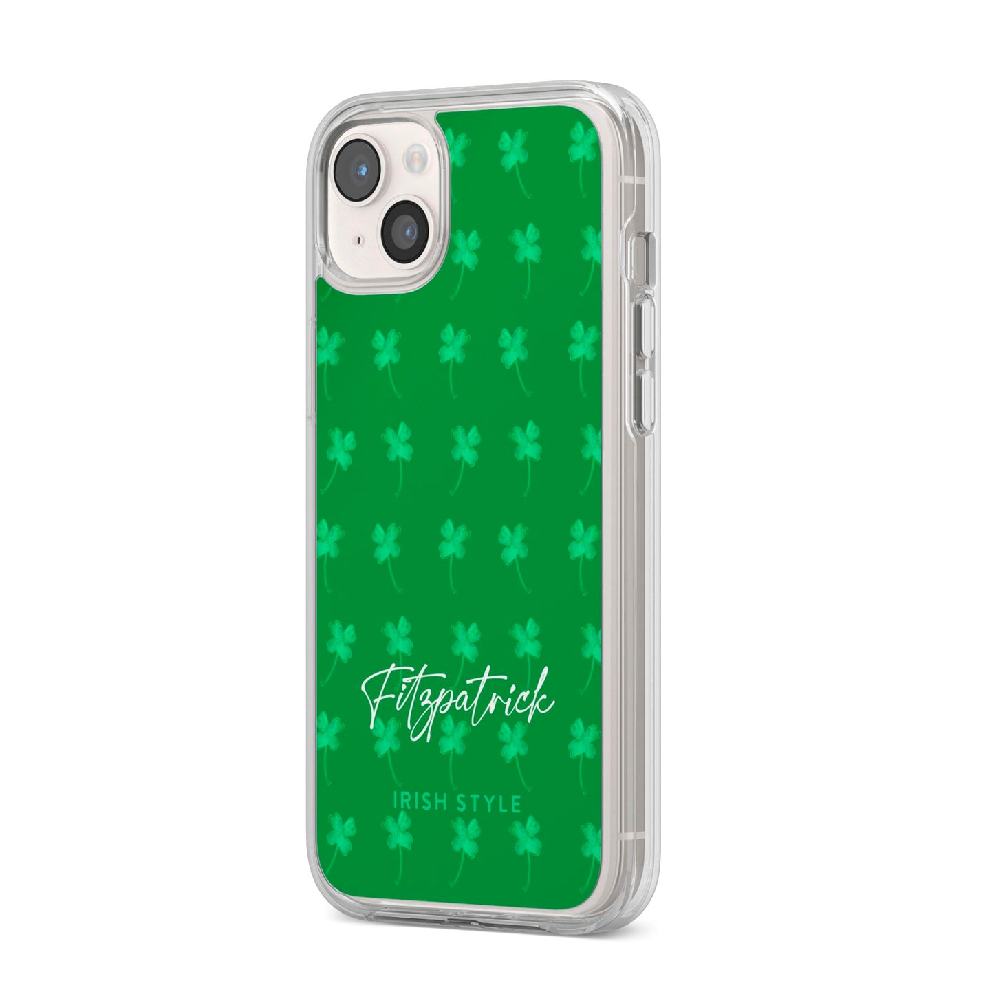 Personalised Green Shamrock iPhone 14 Plus Clear Tough Case Starlight Angled Image