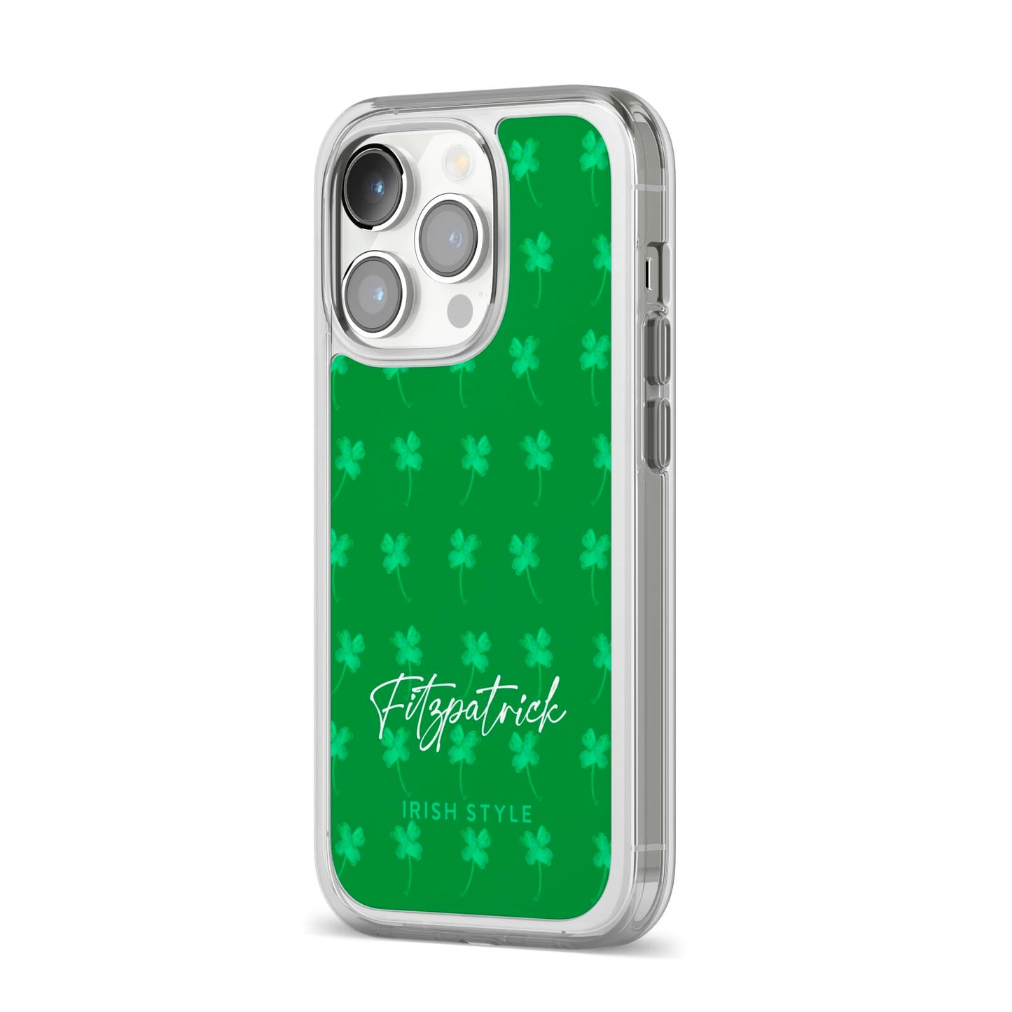 Personalised Green Shamrock iPhone 14 Pro Clear Tough Case Silver Angled Image