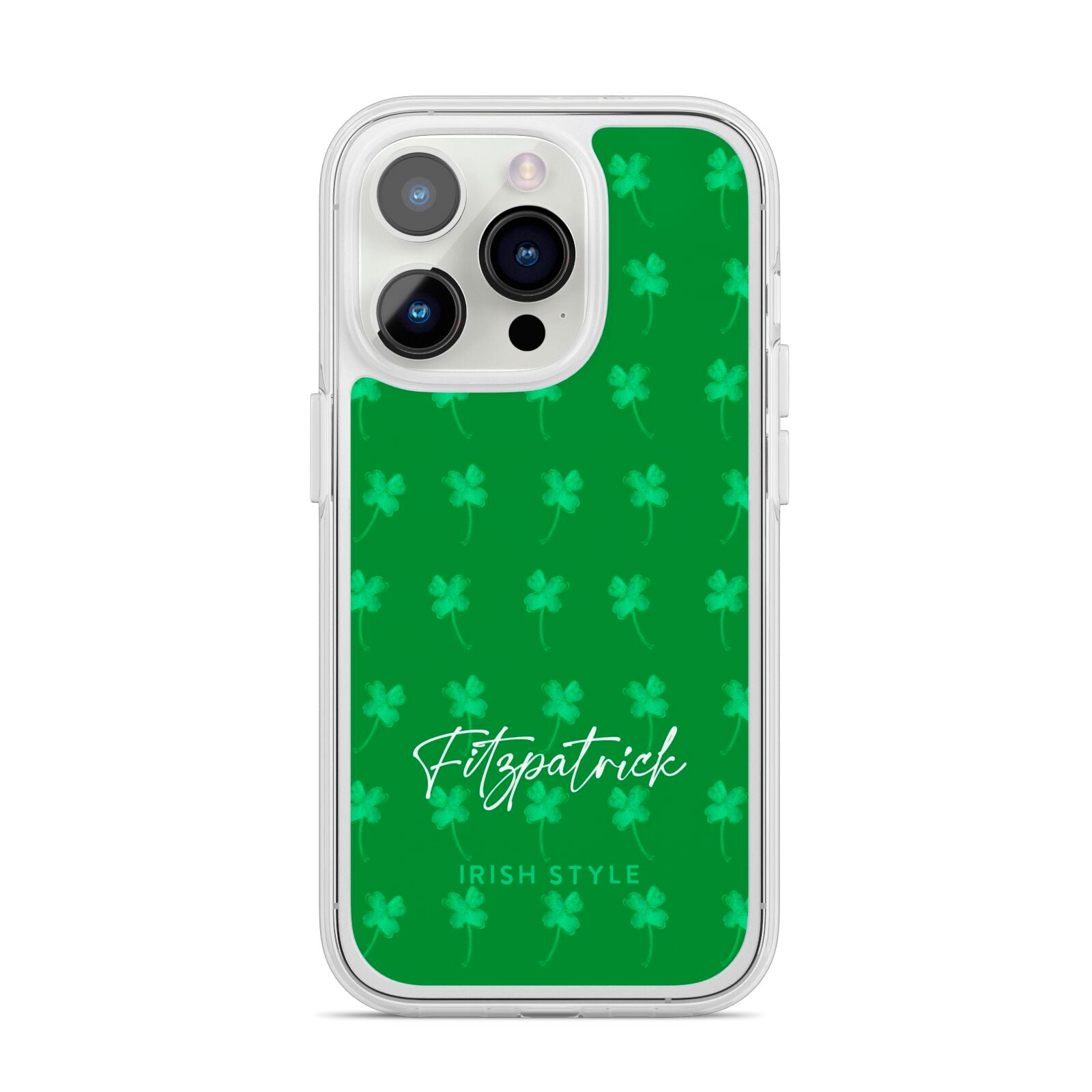 Personalised Green Shamrock iPhone 14 Pro Clear Tough Case Silver