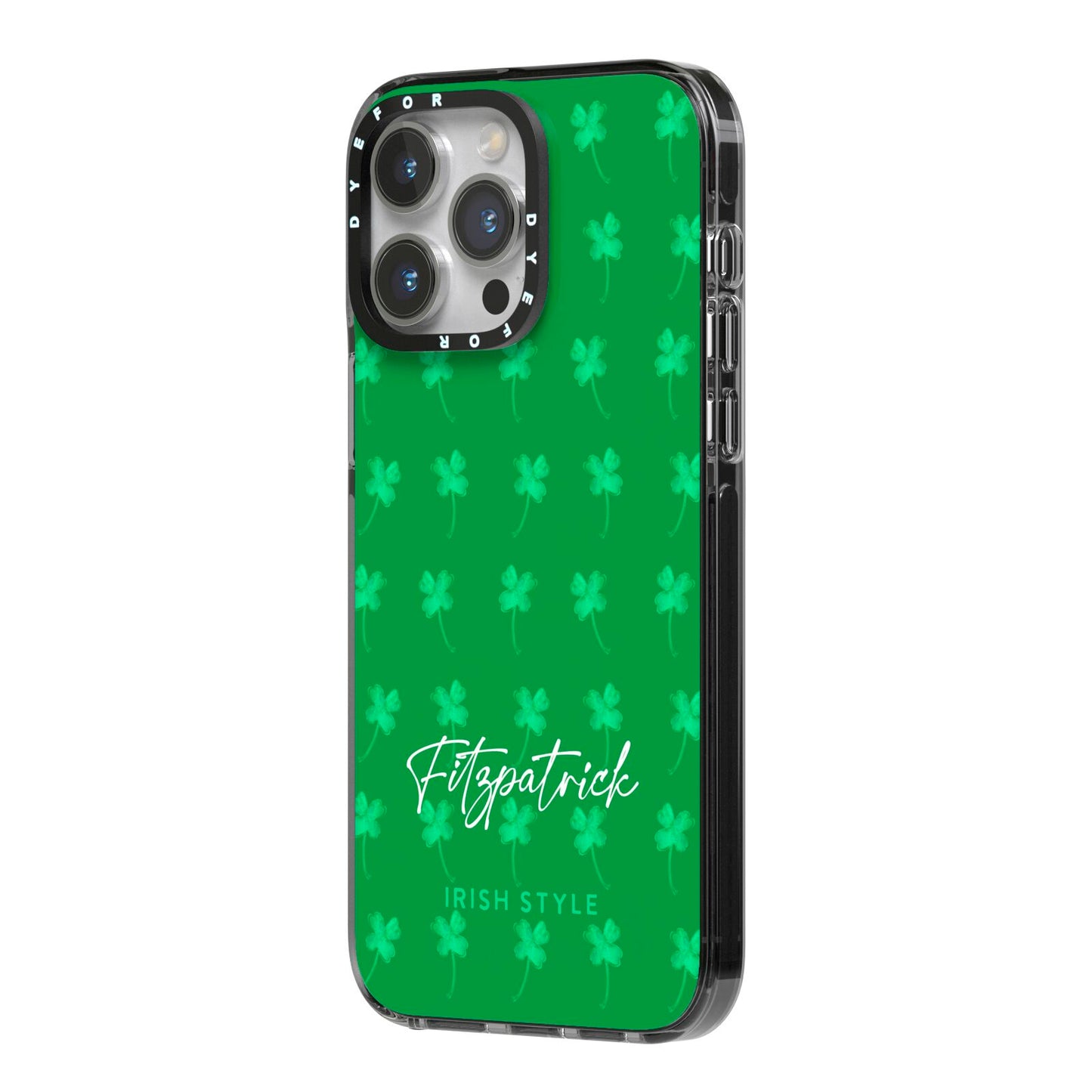 Personalised Green Shamrock iPhone 14 Pro Max Black Impact Case Side Angle on Silver phone