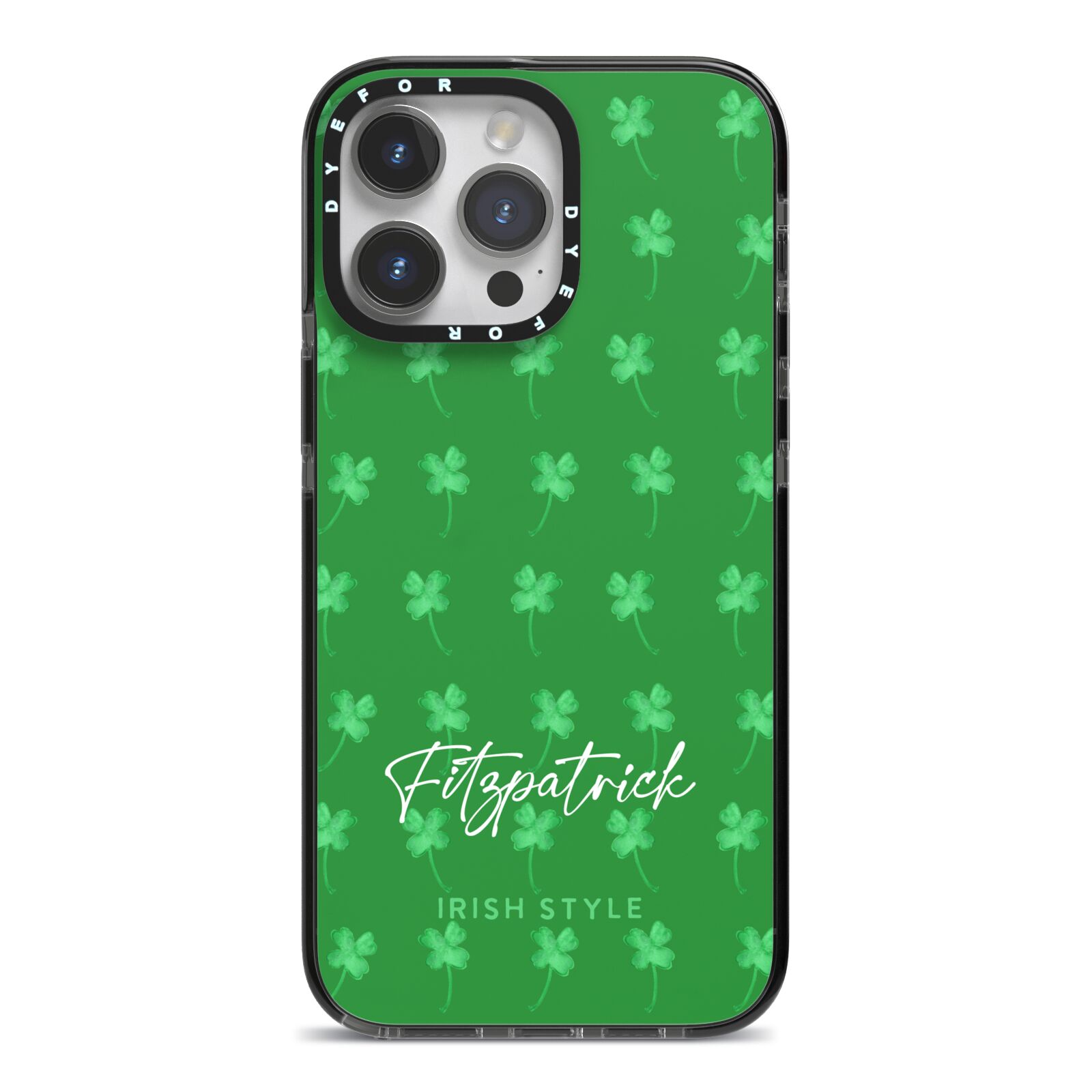 Personalised Green Shamrock iPhone 14 Pro Max Black Impact Case on Silver phone