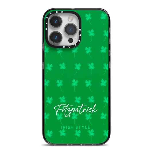 Personalised Green Shamrock iPhone 14 Pro Max Black Impact Case on Silver phone