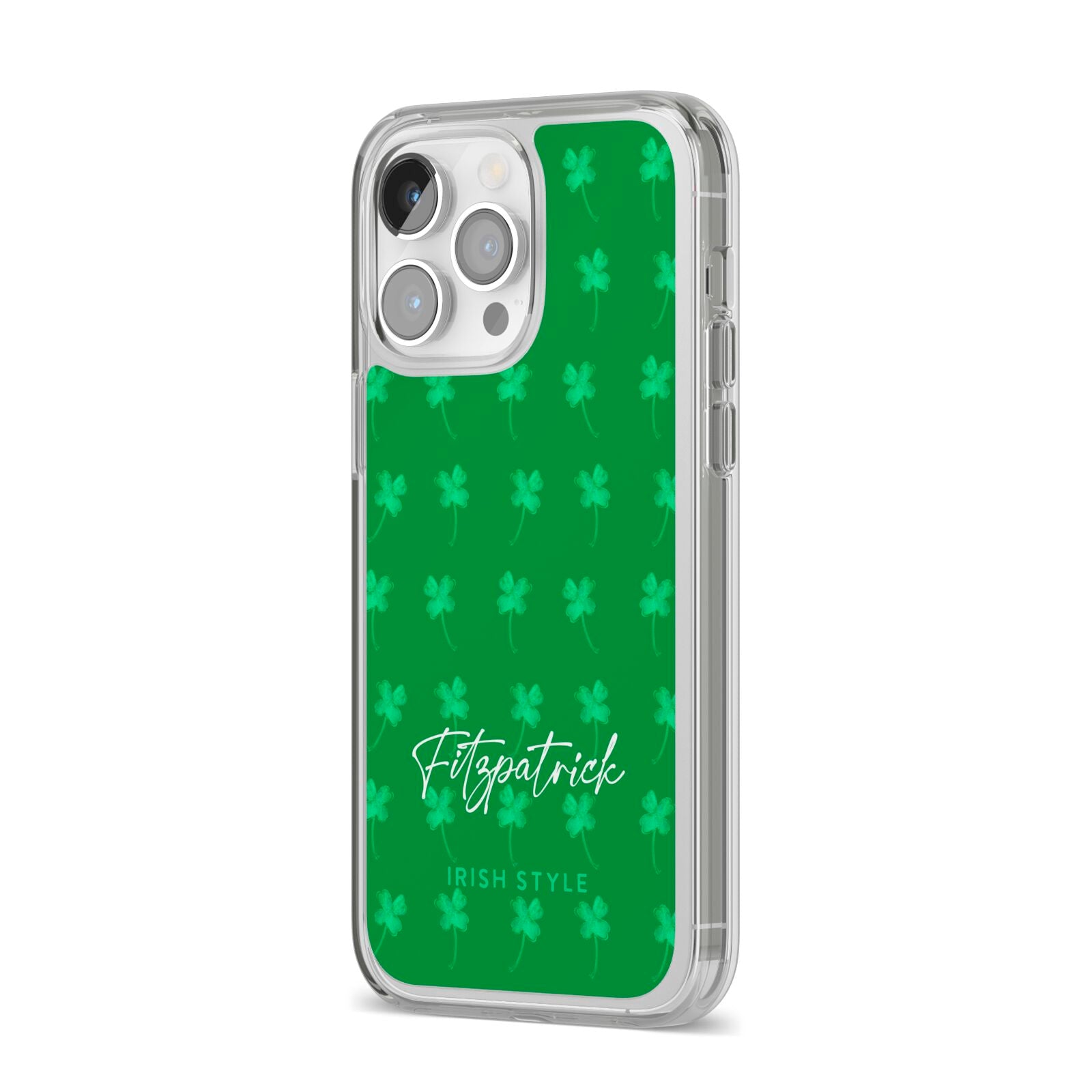 Personalised Green Shamrock iPhone 14 Pro Max Clear Tough Case Silver Angled Image