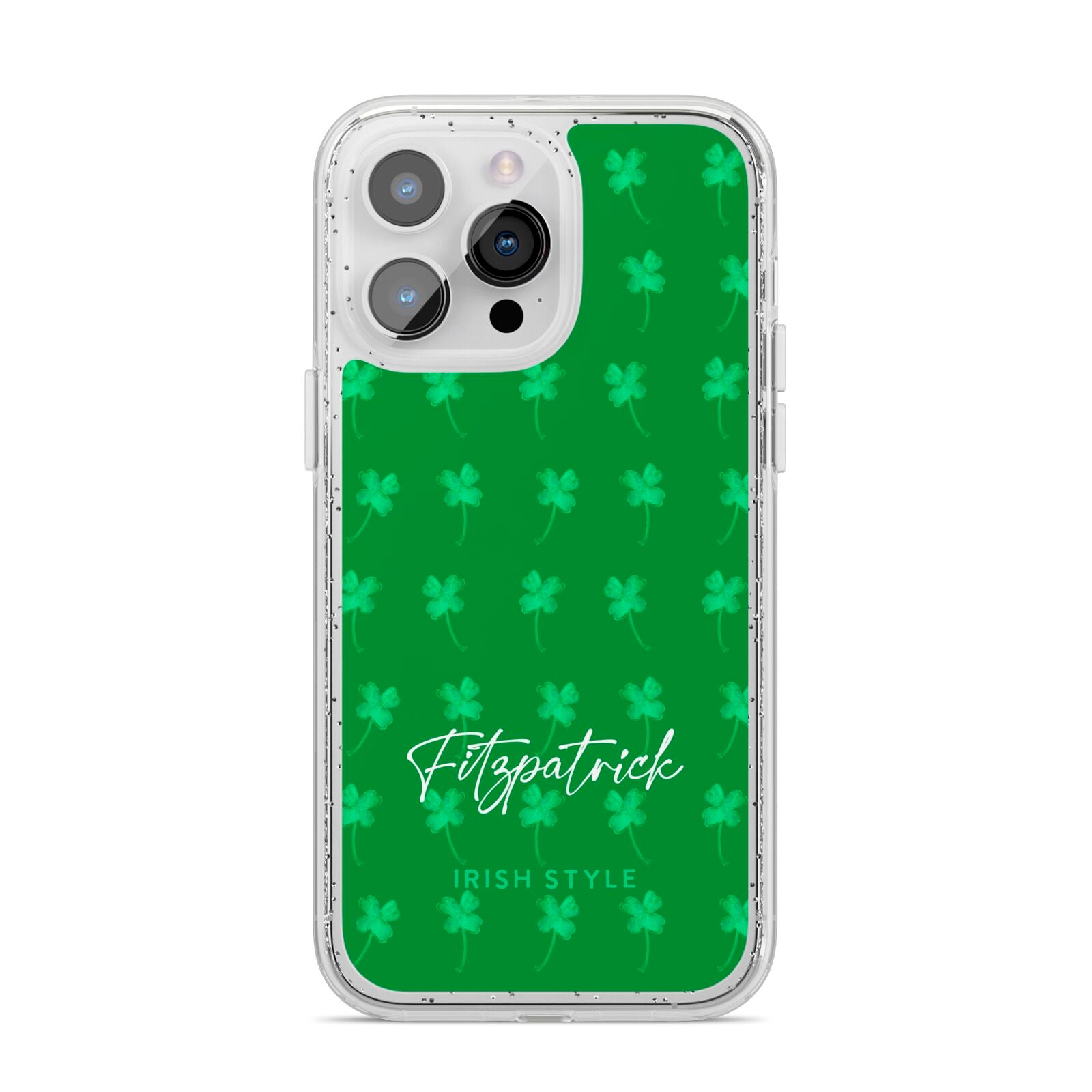 Personalised Green Shamrock iPhone 14 Pro Max Glitter Tough Case Silver