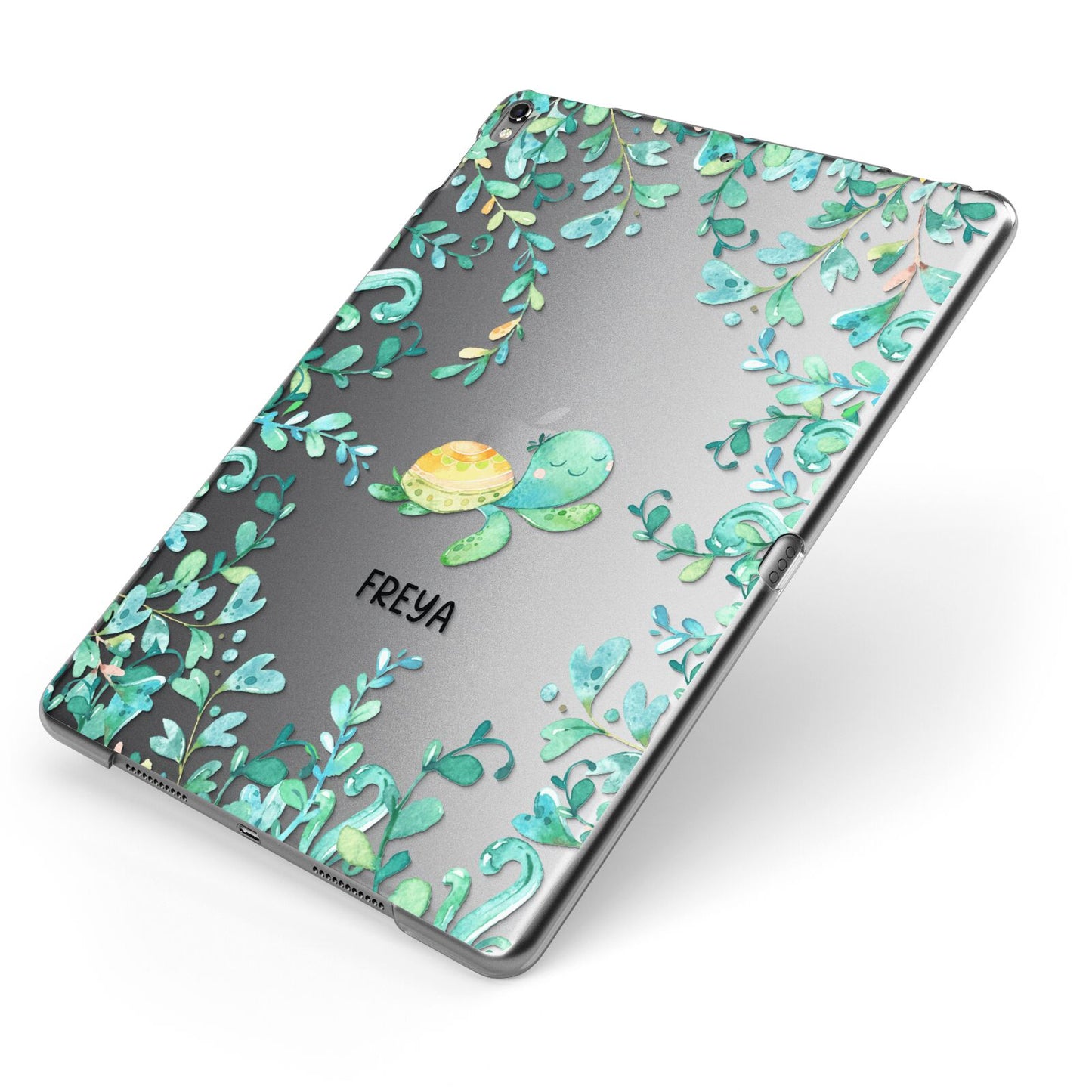Personalised Green Turtle Apple iPad Case on Grey iPad Side View