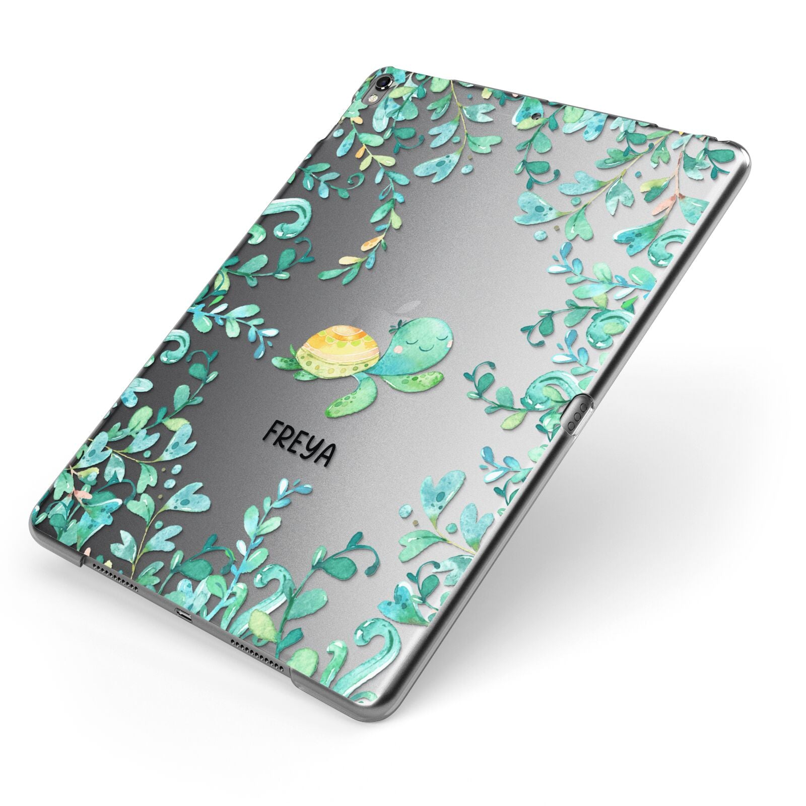 Personalised Green Turtle Apple iPad Case on Grey iPad Side View