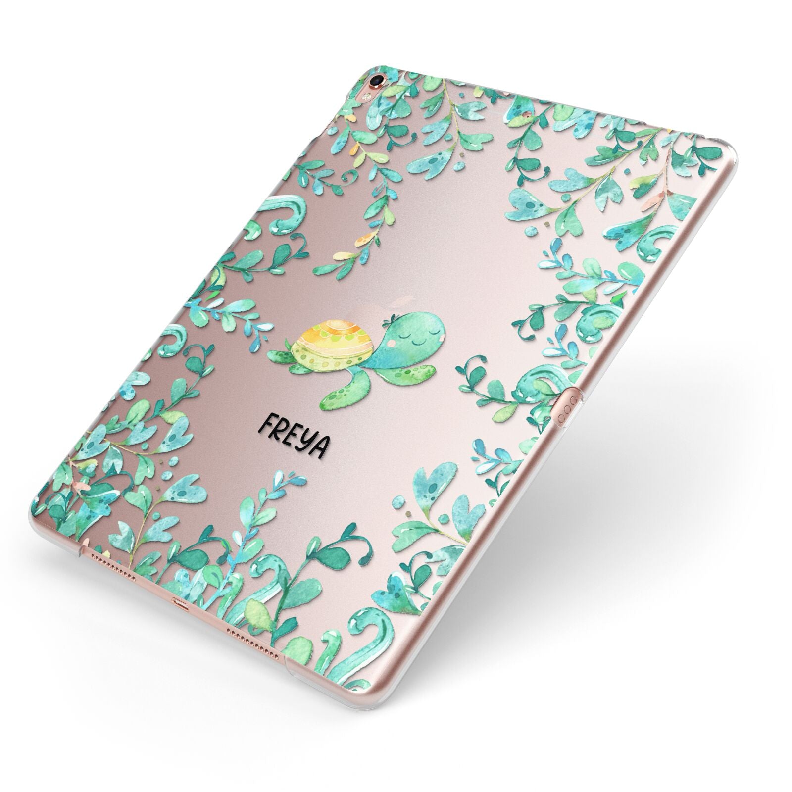 Personalised Green Turtle Apple iPad Case on Rose Gold iPad Side View
