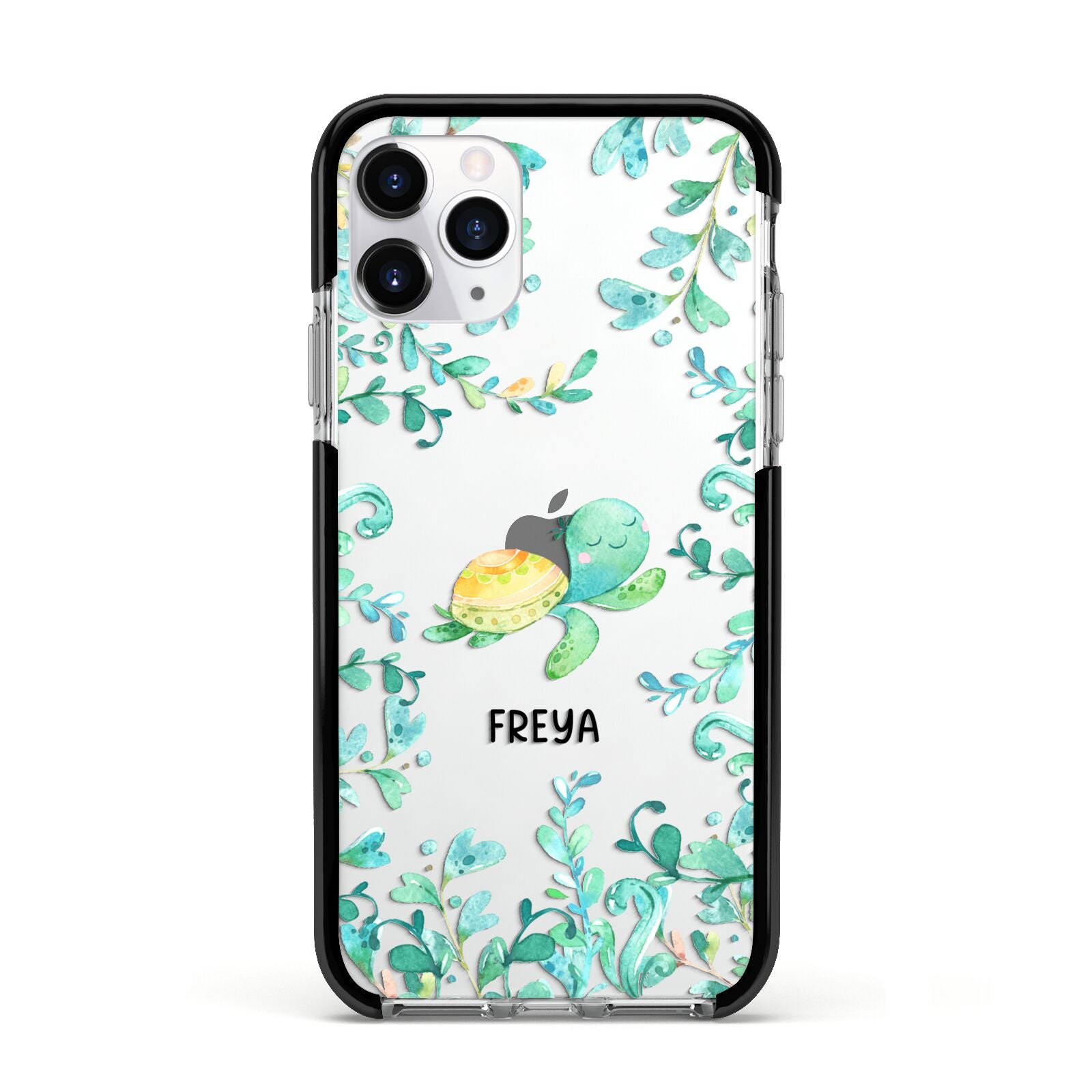 Personalised Green Turtle Apple iPhone 11 Pro in Silver with Black Impact Case