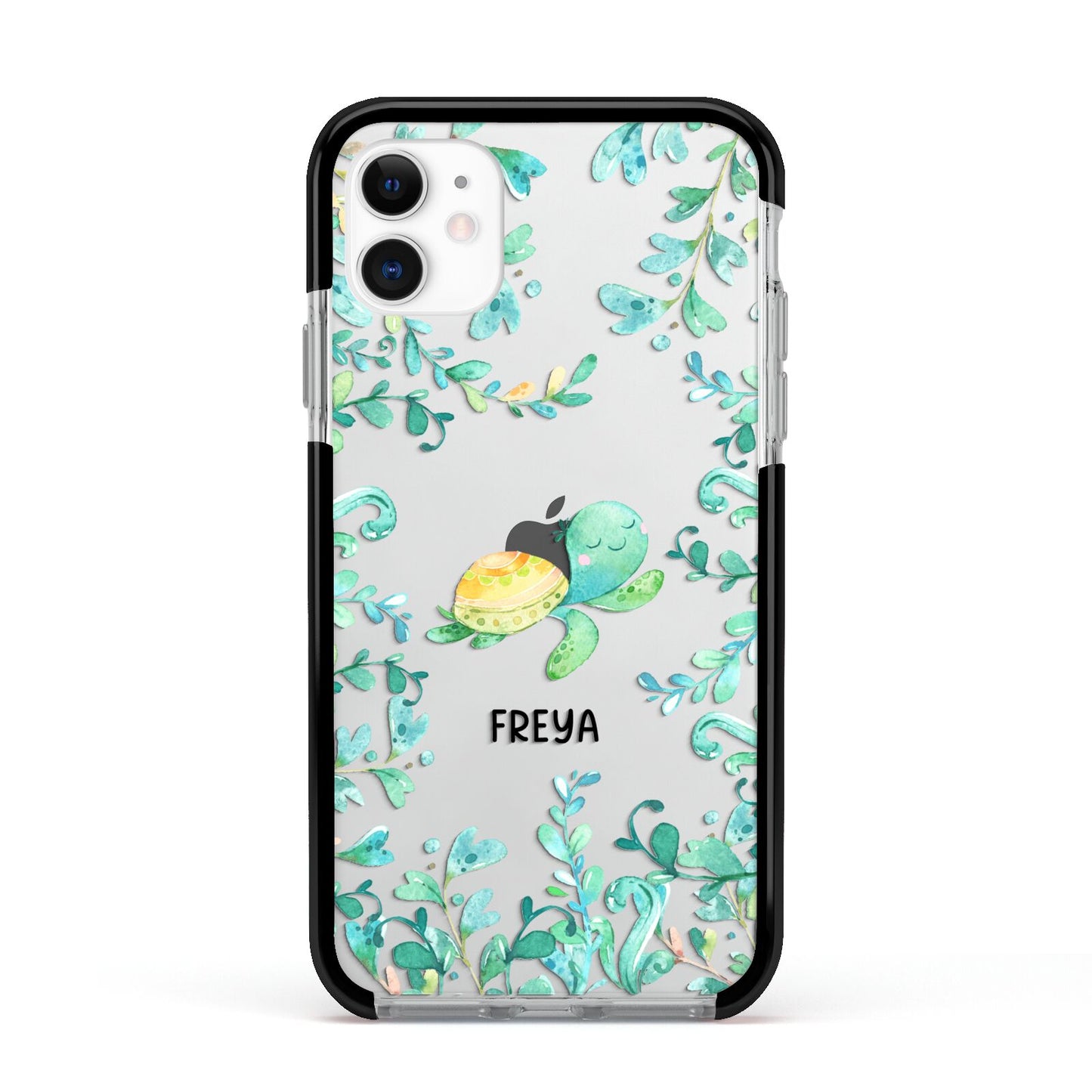 Personalised Green Turtle Apple iPhone 11 in White with Black Impact Case