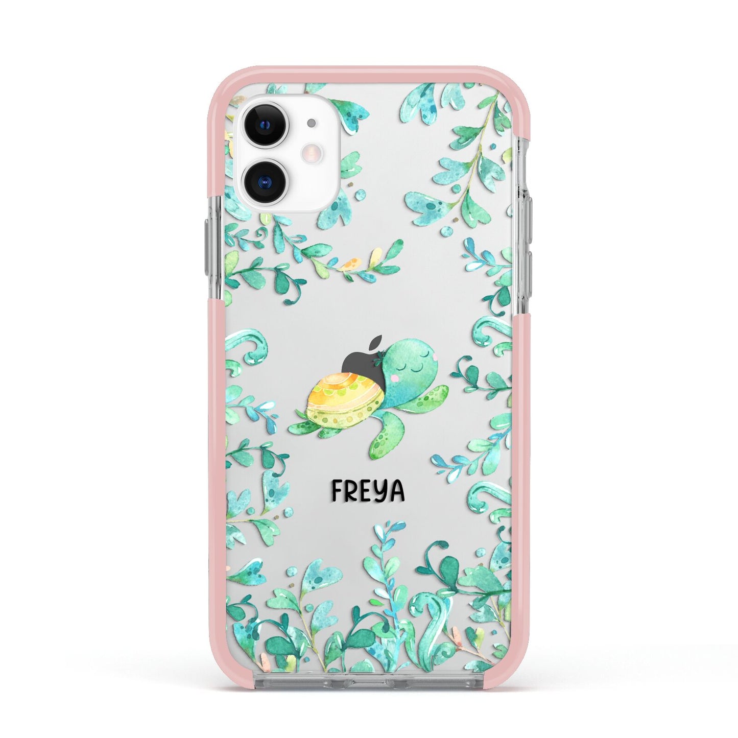 Personalised Green Turtle Apple iPhone 11 in White with Pink Impact Case
