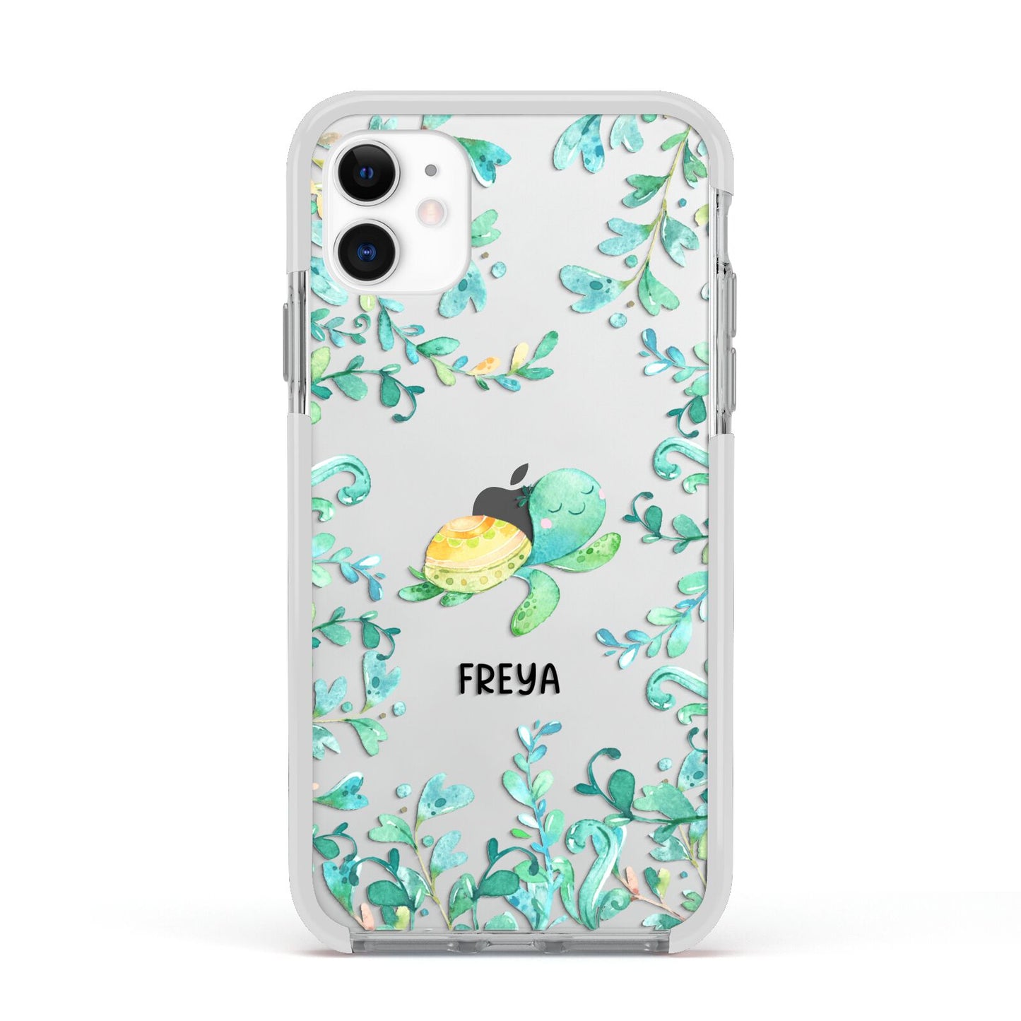 Personalised Green Turtle Apple iPhone 11 in White with White Impact Case