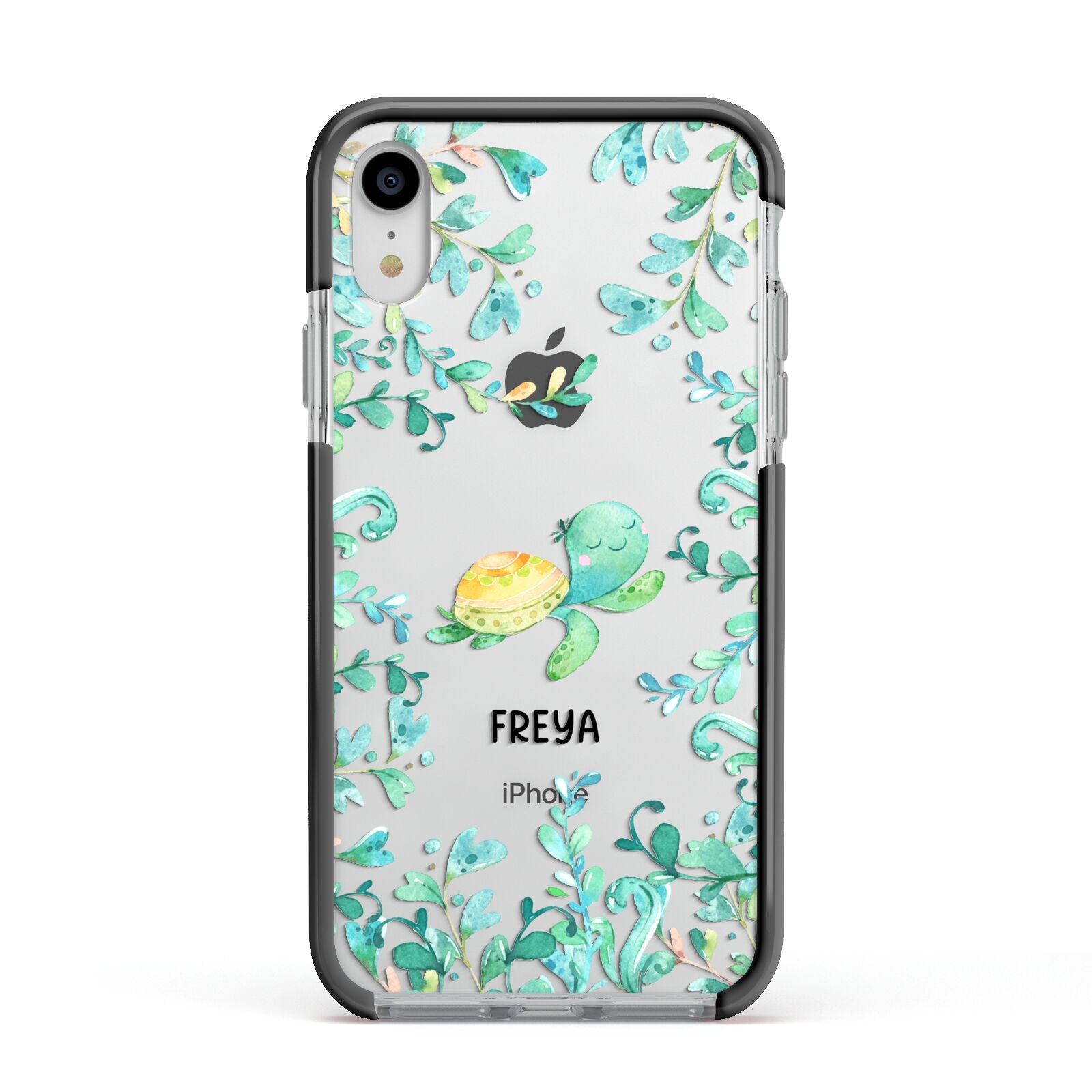 Personalised Green Turtle Apple iPhone XR Impact Case Black Edge on Silver Phone