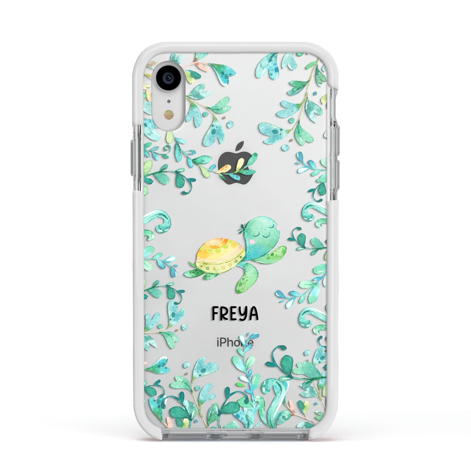 Personalised Green Turtle Apple iPhone XR Impact Case White Edge on Silver Phone