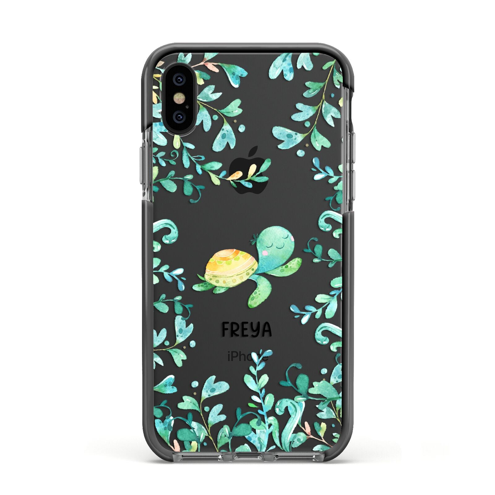 Personalised Green Turtle Apple iPhone Xs Impact Case Black Edge on Black Phone