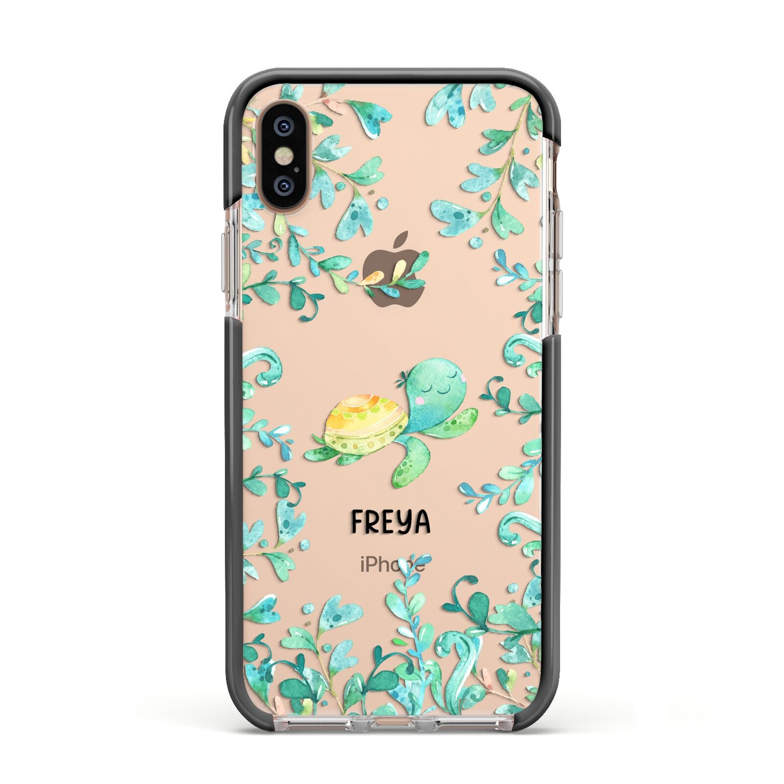 Personalised Green Turtle Apple iPhone Xs Impact Case Black Edge on Gold Phone