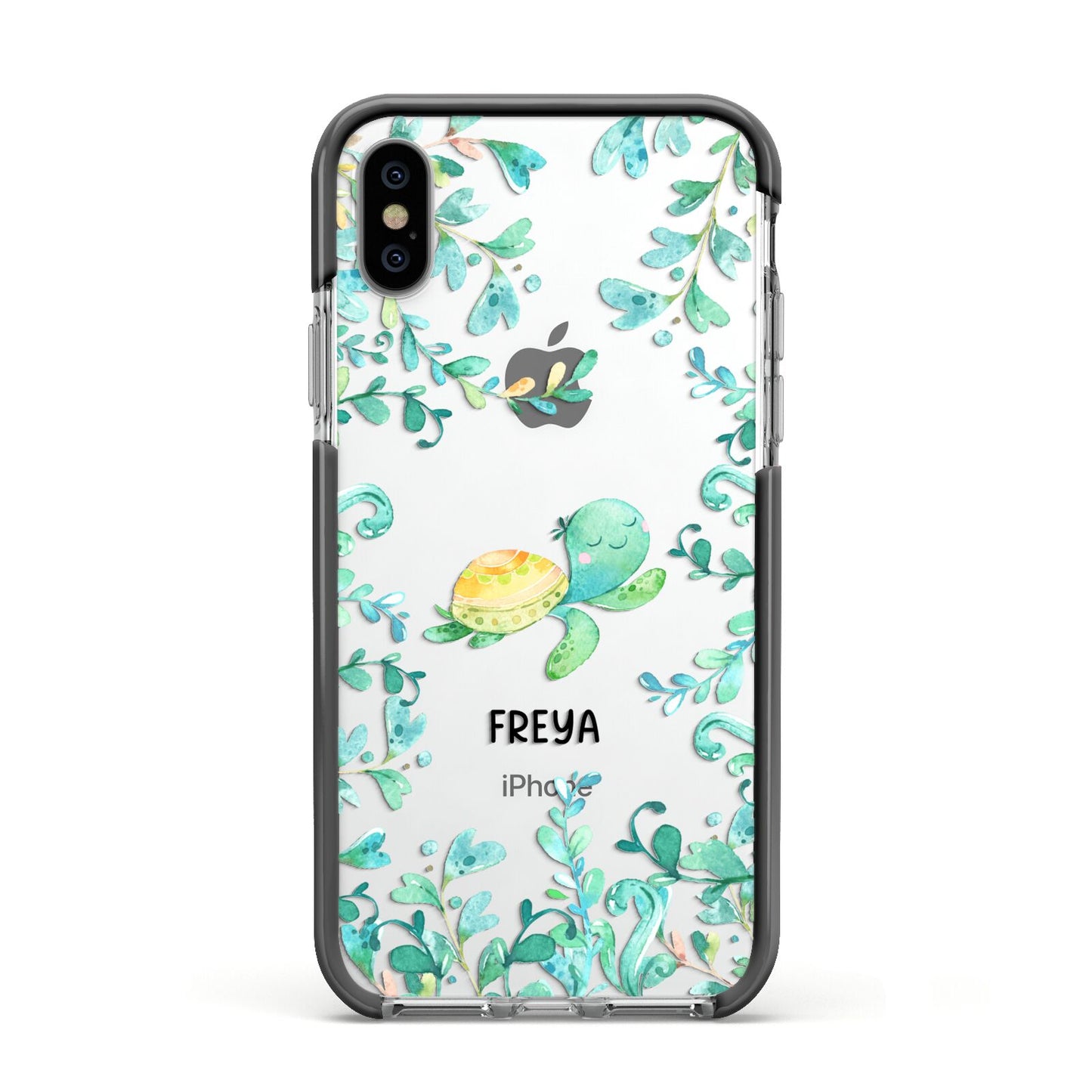Personalised Green Turtle Apple iPhone Xs Impact Case Black Edge on Silver Phone