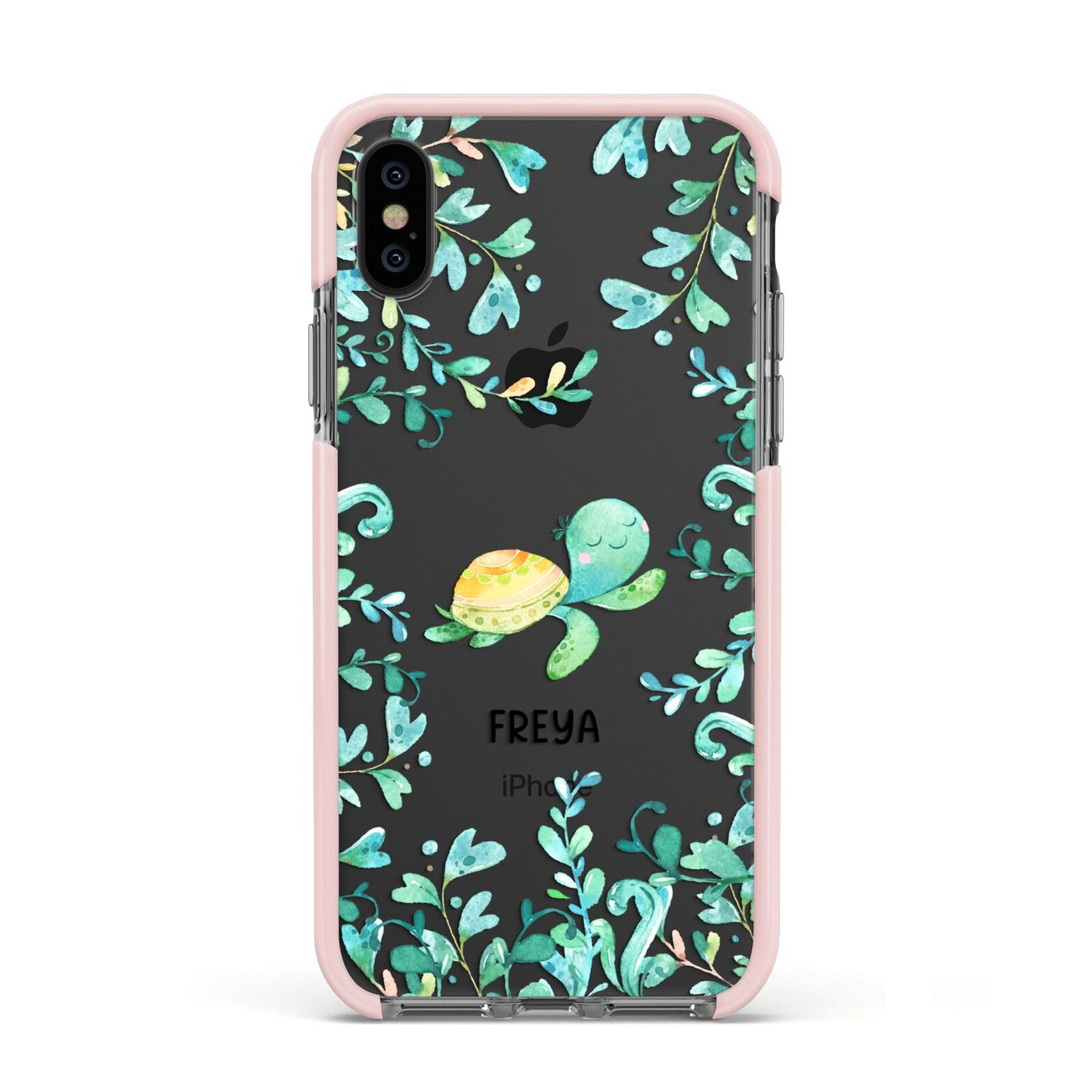 Personalised Green Turtle Apple iPhone Xs Impact Case Pink Edge on Black Phone