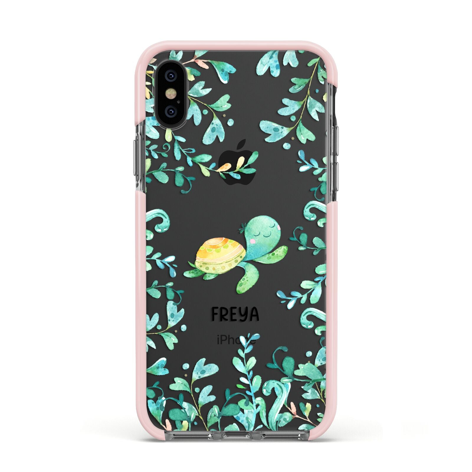 Personalised Green Turtle Apple iPhone Xs Impact Case Pink Edge on Black Phone