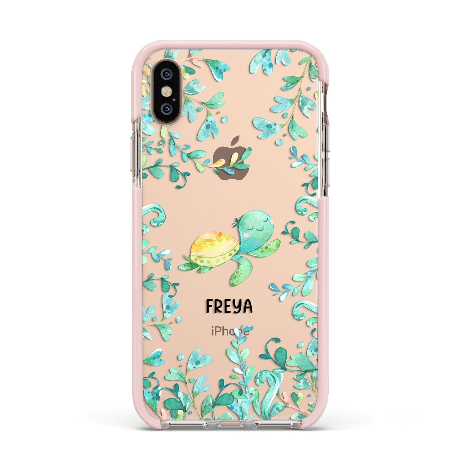 Personalised Green Turtle Apple iPhone Xs Impact Case Pink Edge on Gold Phone