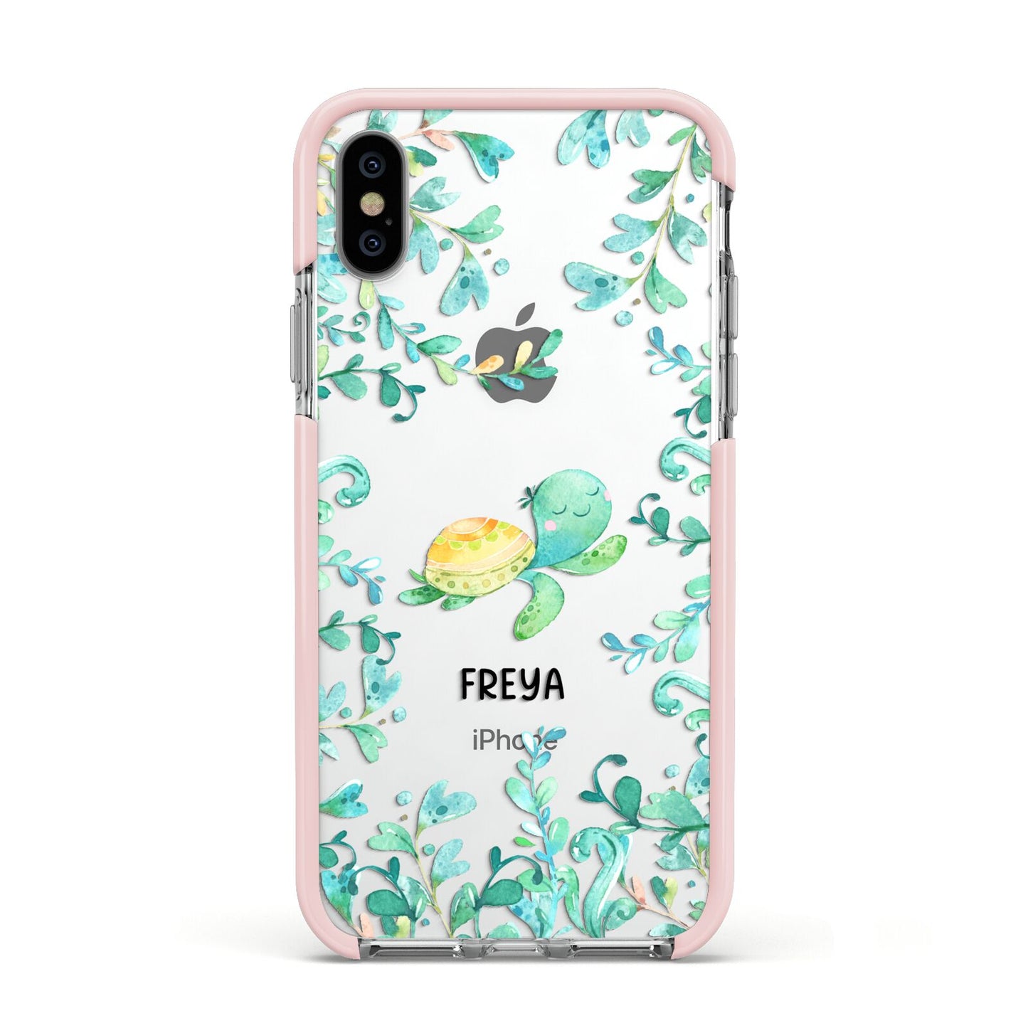 Personalised Green Turtle Apple iPhone Xs Impact Case Pink Edge on Silver Phone