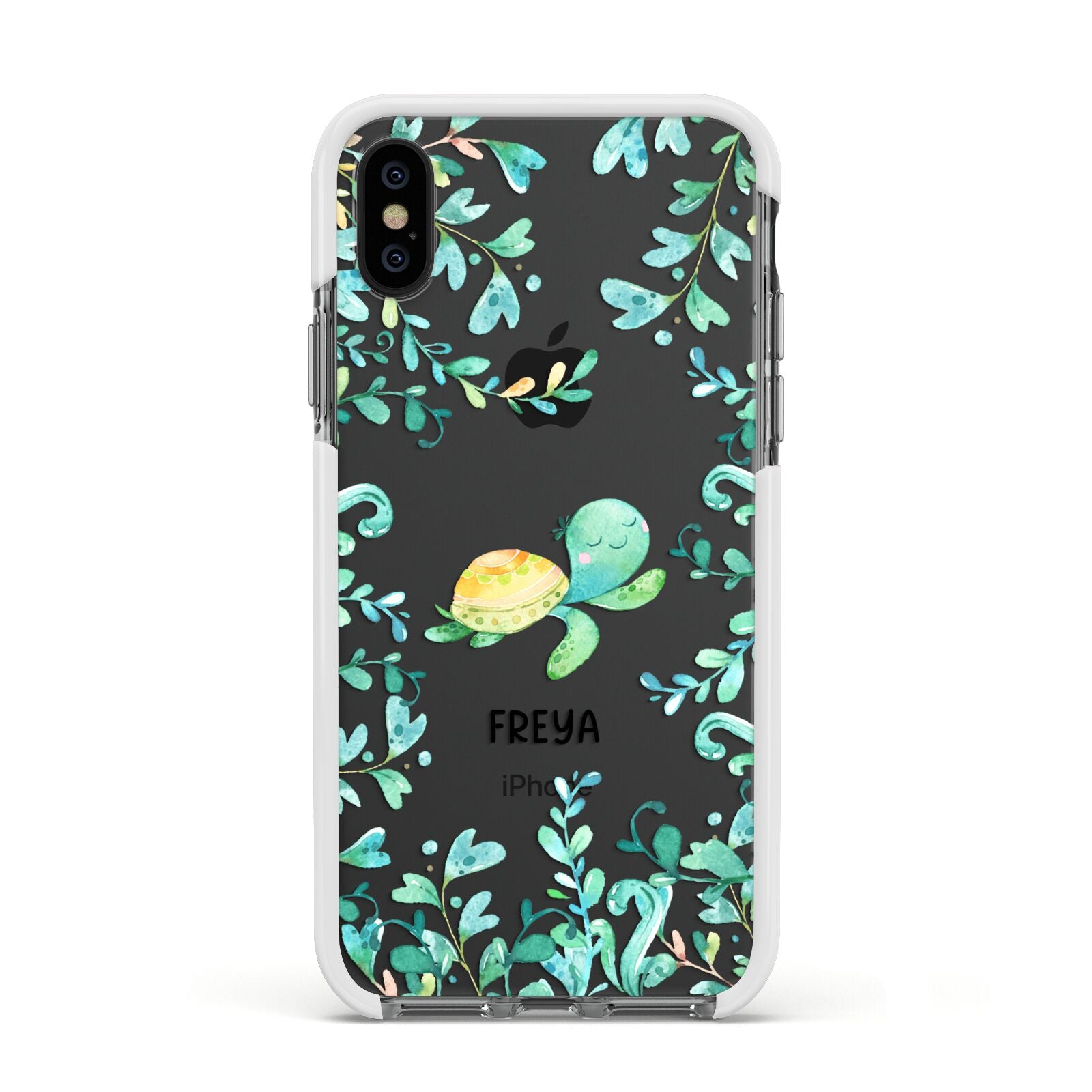 Personalised Green Turtle Apple iPhone Xs Impact Case White Edge on Black Phone