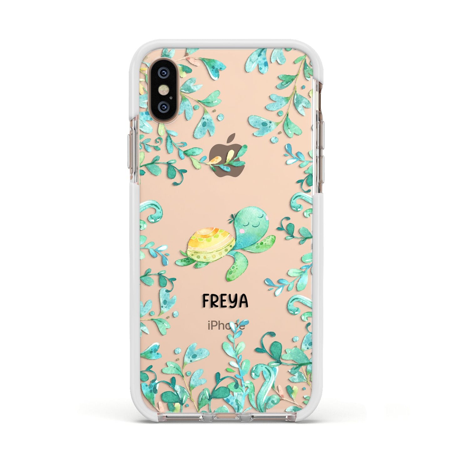 Personalised Green Turtle Apple iPhone Xs Impact Case White Edge on Gold Phone