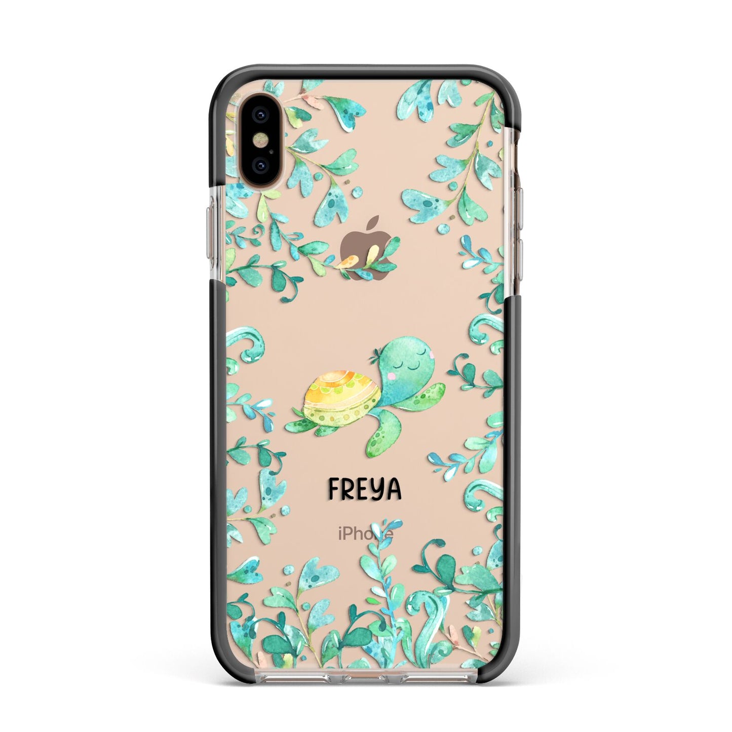 Personalised Green Turtle Apple iPhone Xs Max Impact Case Black Edge on Gold Phone