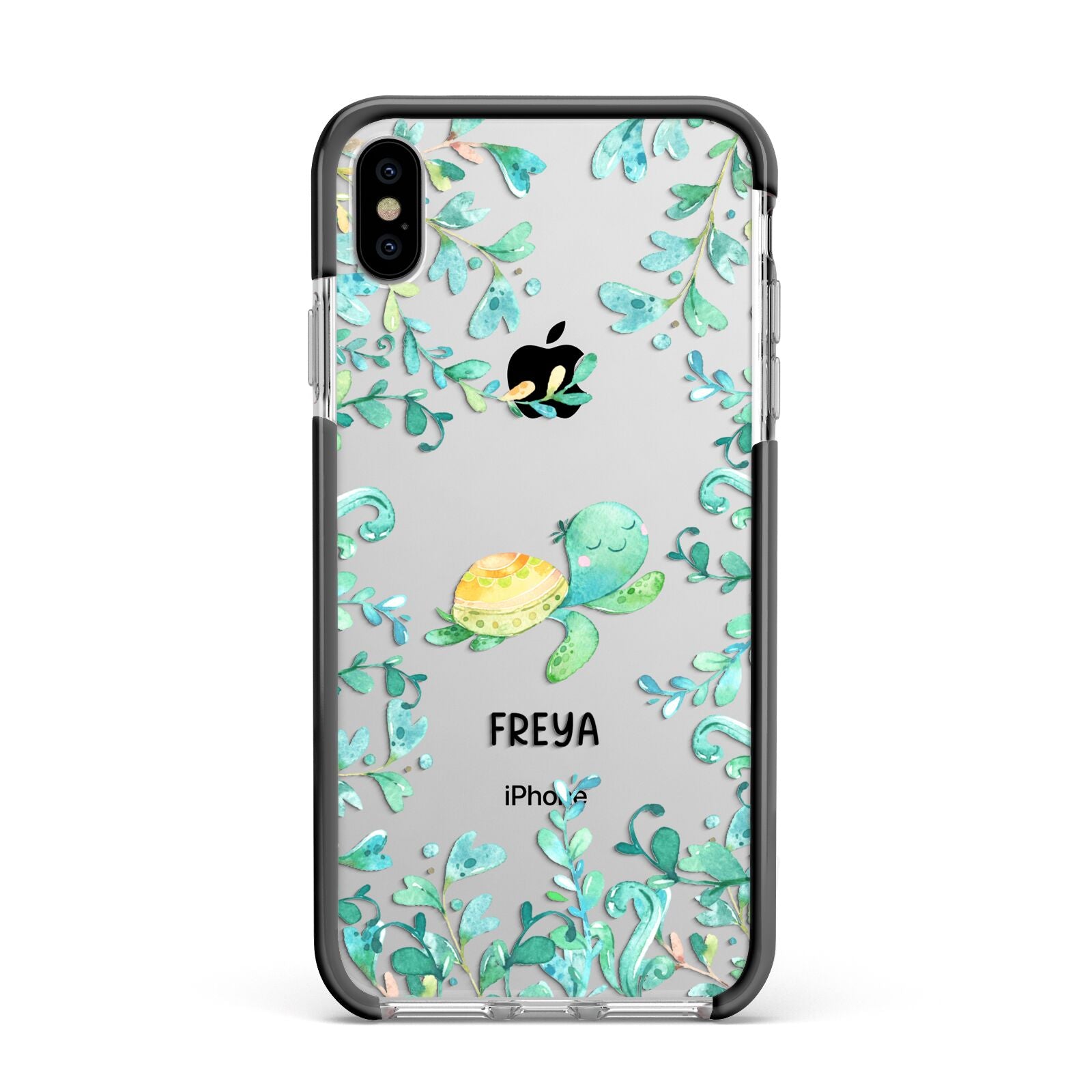 Personalised Green Turtle Apple iPhone Xs Max Impact Case Black Edge on Silver Phone