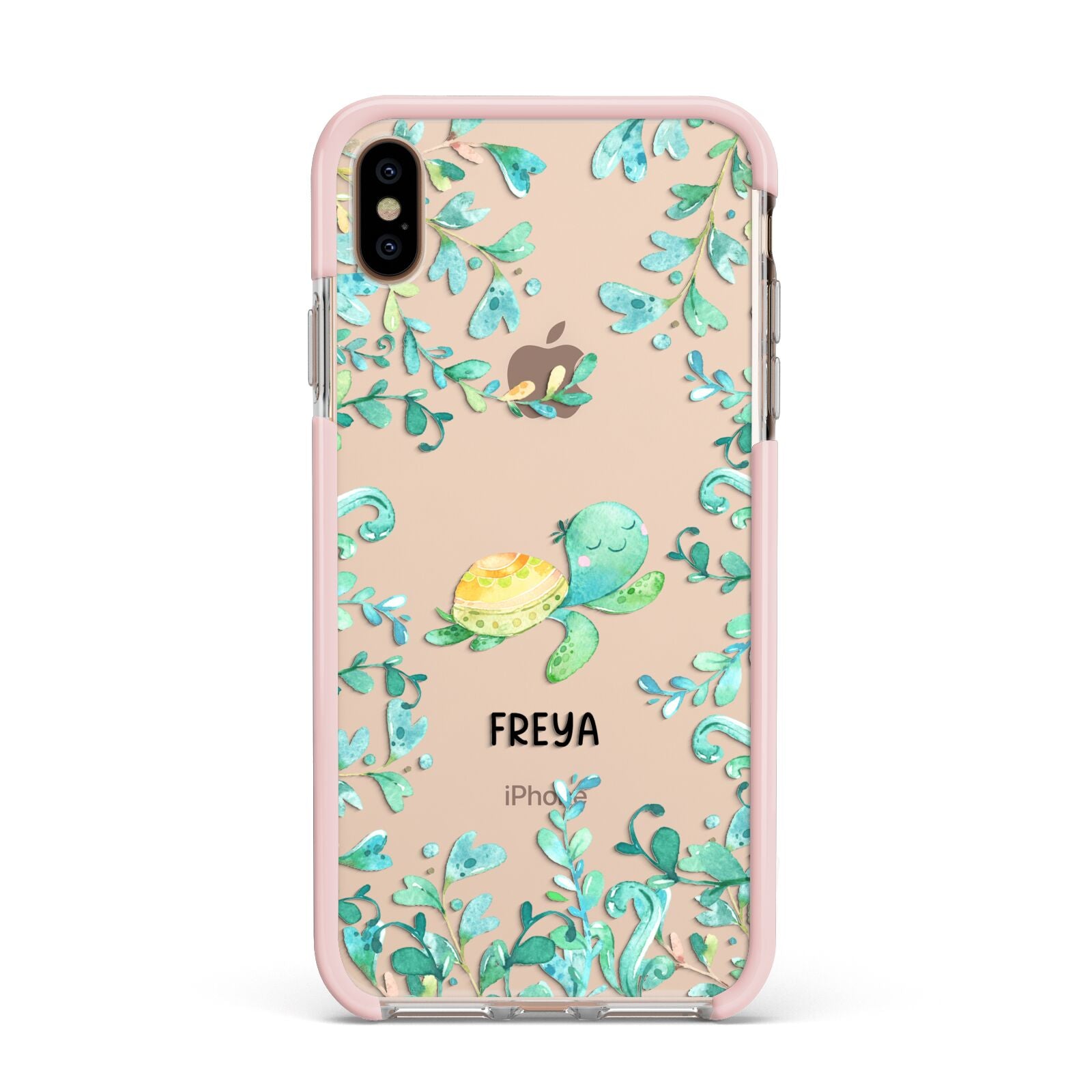Personalised Green Turtle Apple iPhone Xs Max Impact Case Pink Edge on Gold Phone