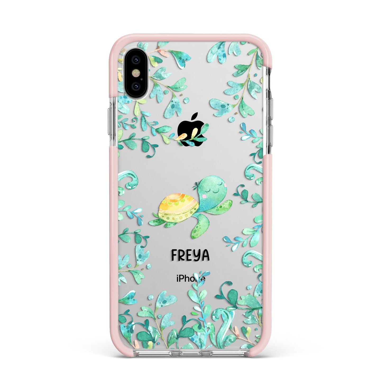 Personalised Green Turtle Apple iPhone Xs Max Impact Case Pink Edge on Silver Phone