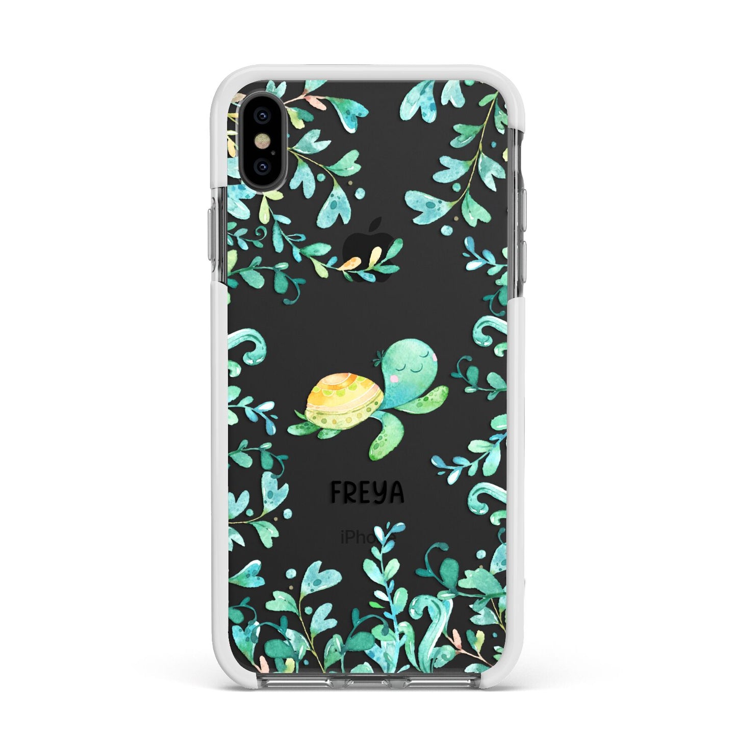 Personalised Green Turtle Apple iPhone Xs Max Impact Case White Edge on Black Phone