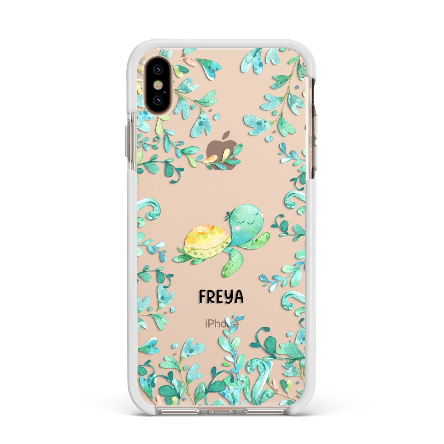 Personalised Green Turtle Apple iPhone Xs Max Impact Case White Edge on Gold Phone