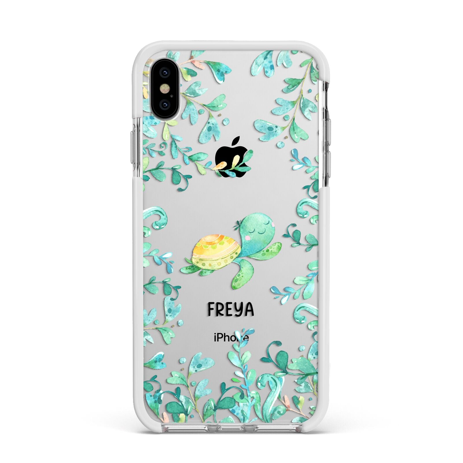 Personalised Green Turtle Apple iPhone Xs Max Impact Case White Edge on Silver Phone