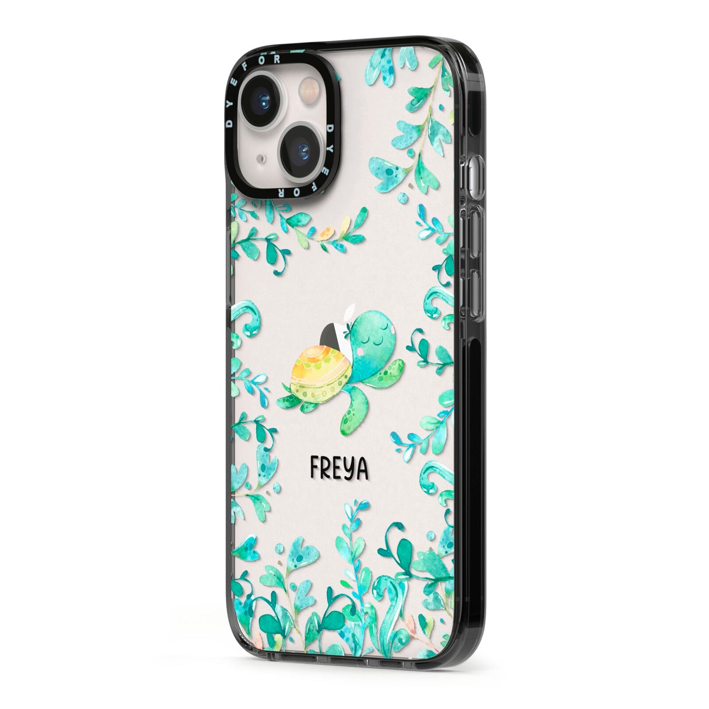Personalised Green Turtle iPhone 13 Black Impact Case Side Angle on Silver phone