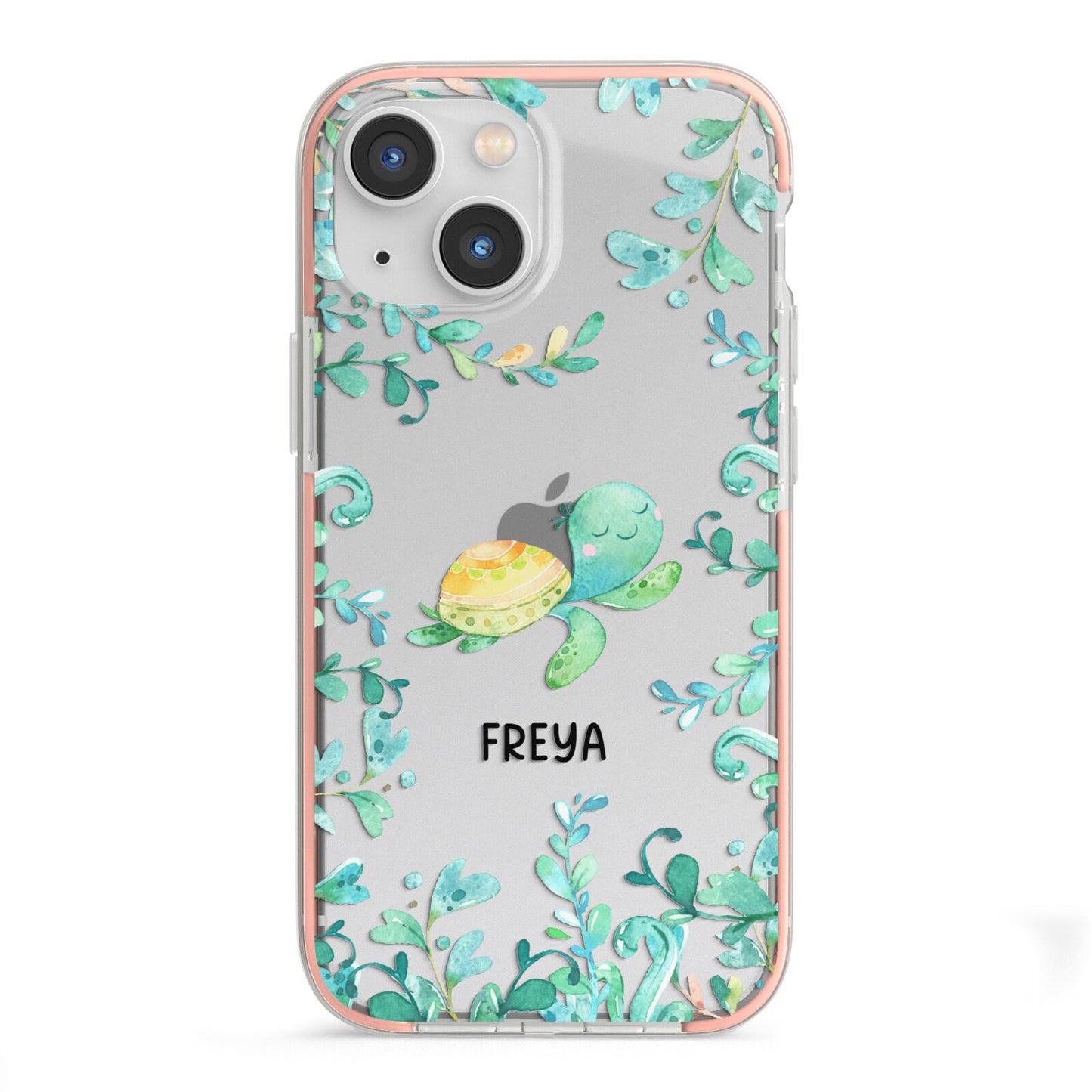Personalised Green Turtle iPhone 13 Mini TPU Impact Case with Pink Edges