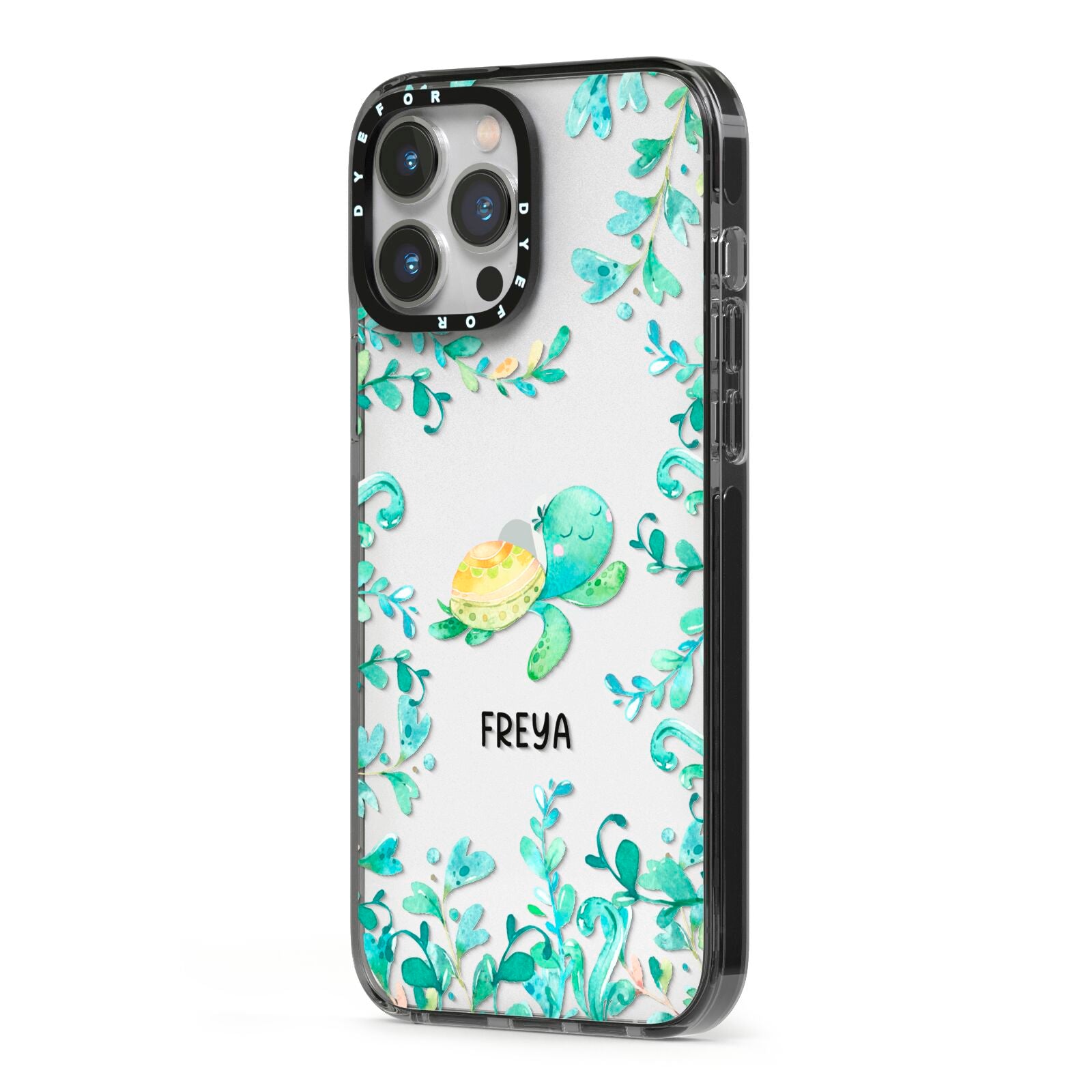 Personalised Green Turtle iPhone 13 Pro Max Black Impact Case Side Angle on Silver phone