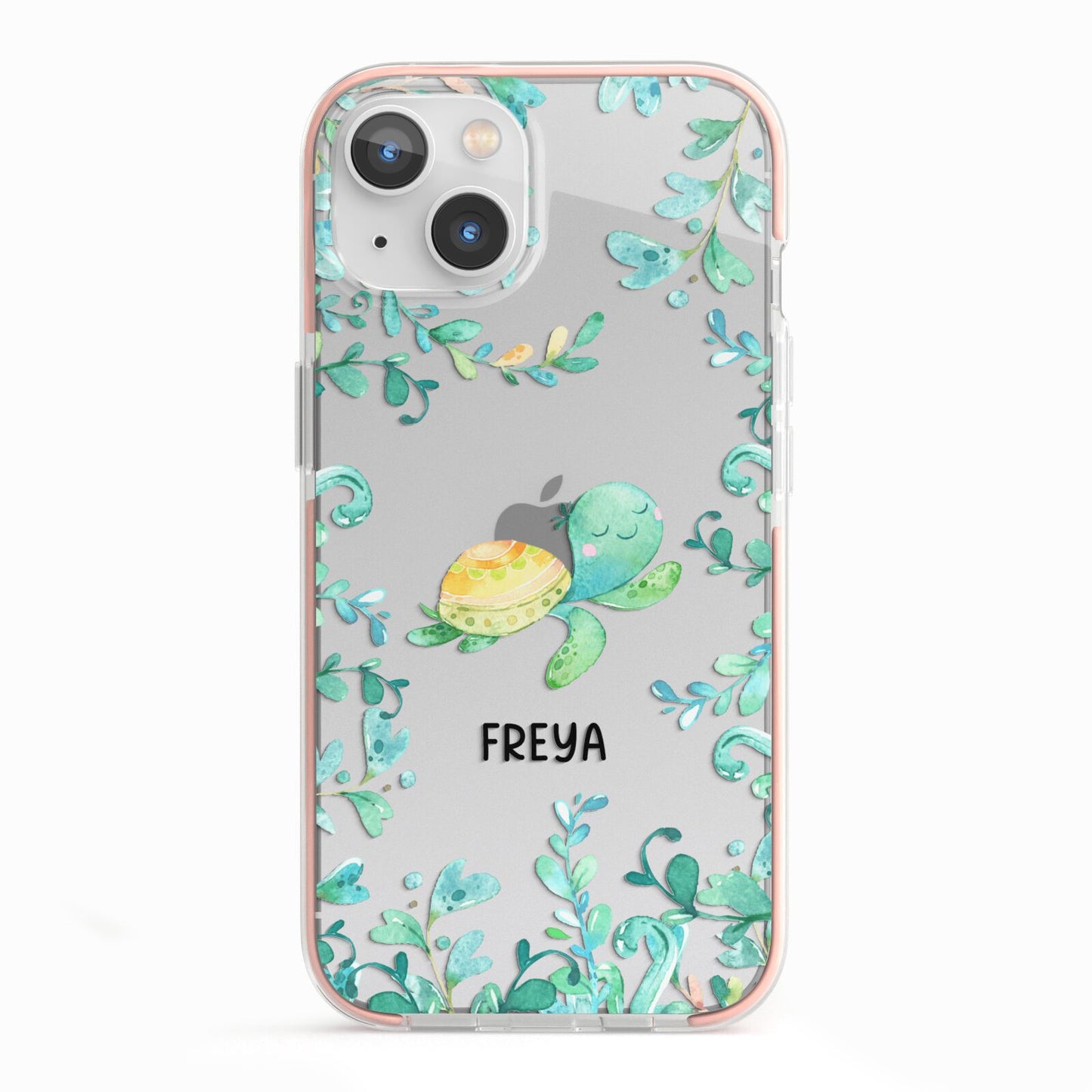 Personalised Green Turtle iPhone 13 TPU Impact Case with Pink Edges