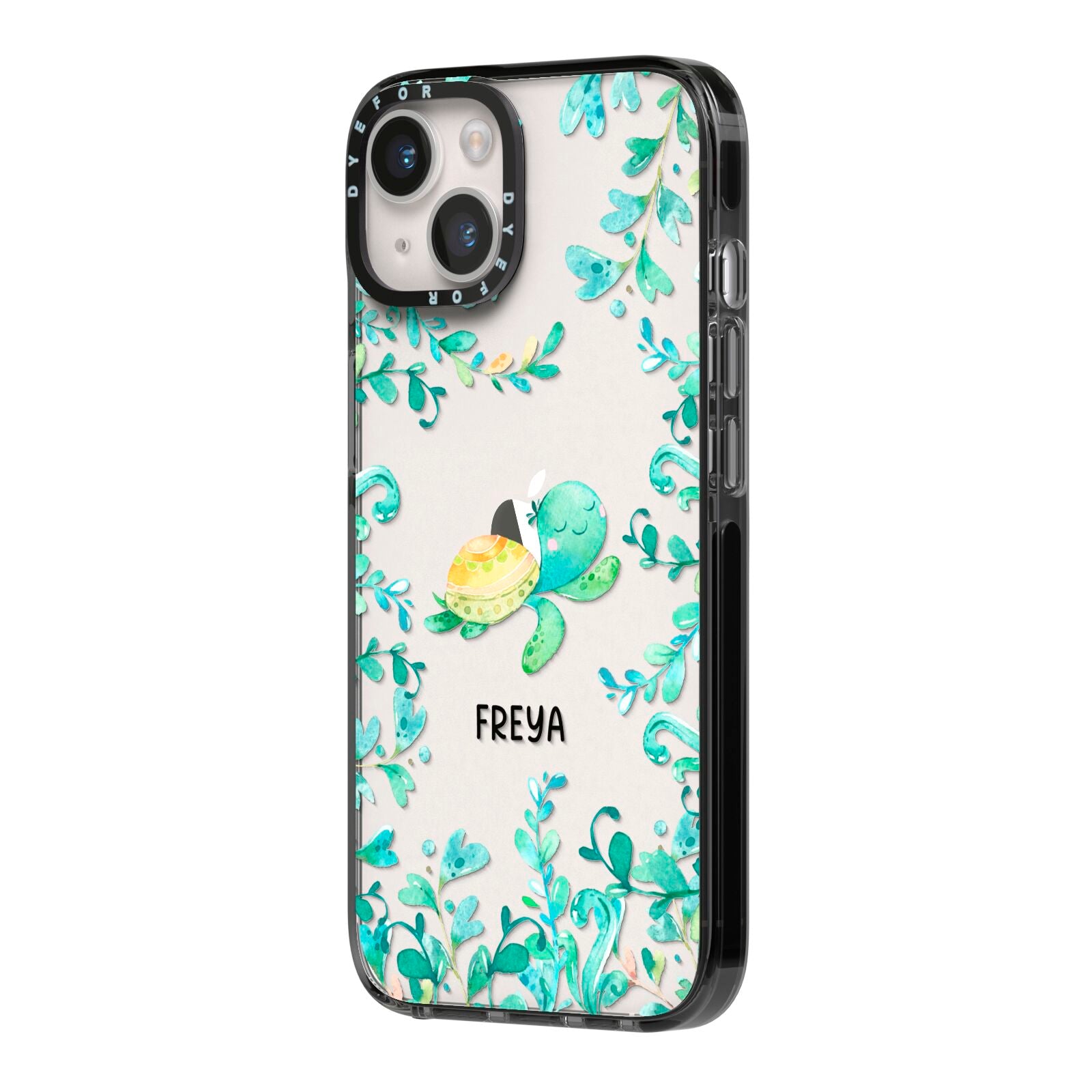 Personalised Green Turtle iPhone 14 Black Impact Case Side Angle on Silver phone