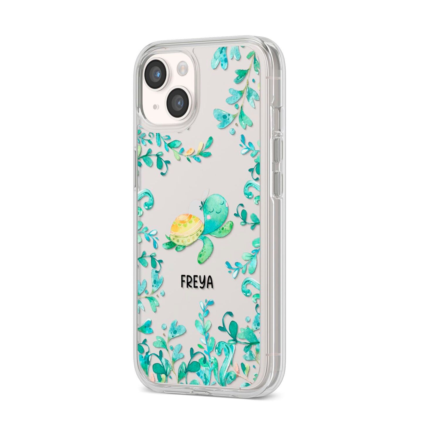 Personalised Green Turtle iPhone 14 Clear Tough Case Starlight Angled Image