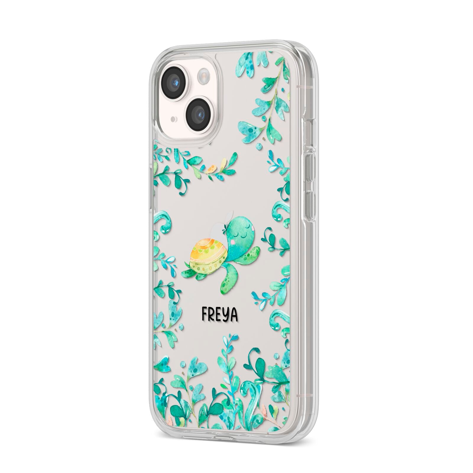 Personalised Green Turtle iPhone 14 Clear Tough Case Starlight Angled Image