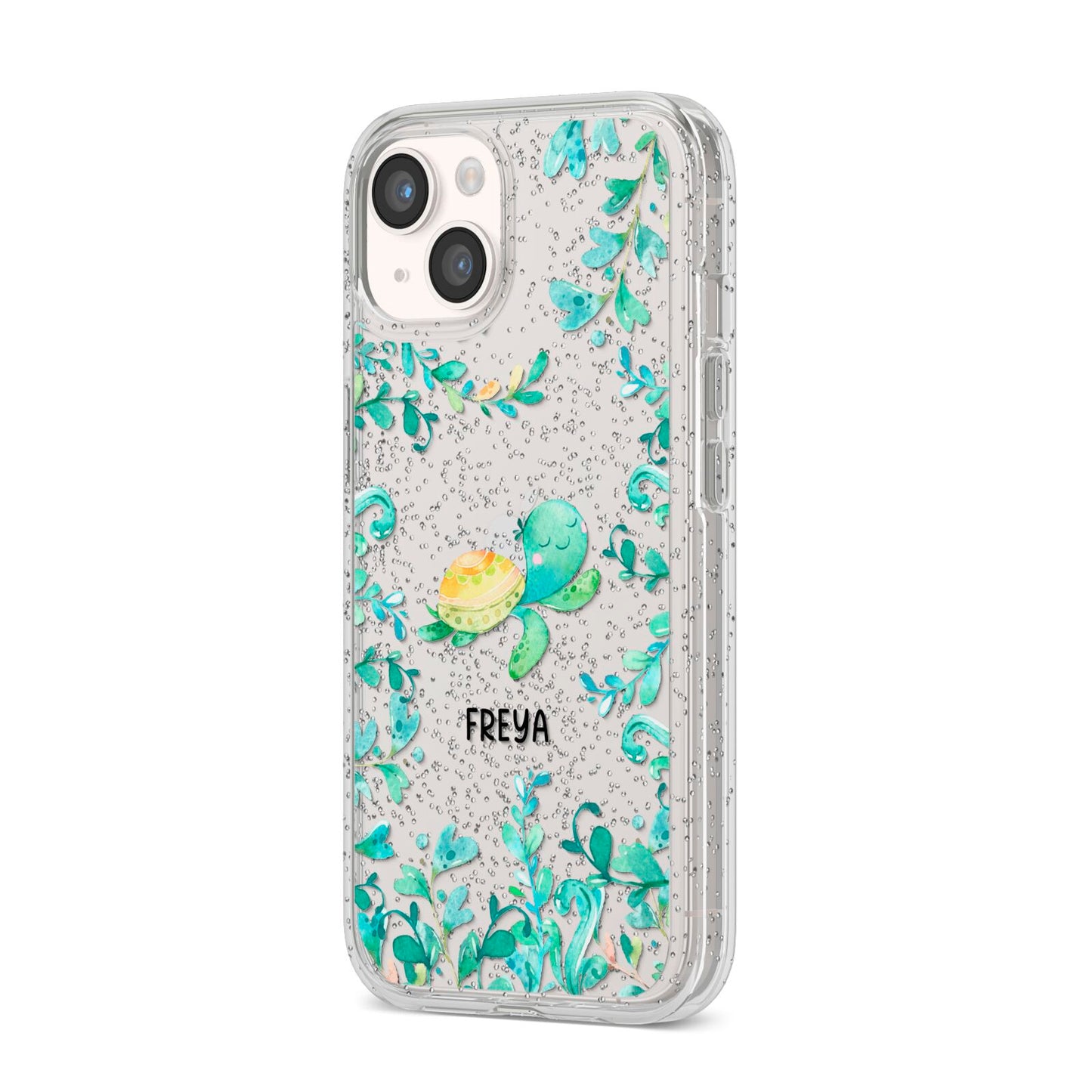 Personalised Green Turtle iPhone 14 Glitter Tough Case Starlight Angled Image