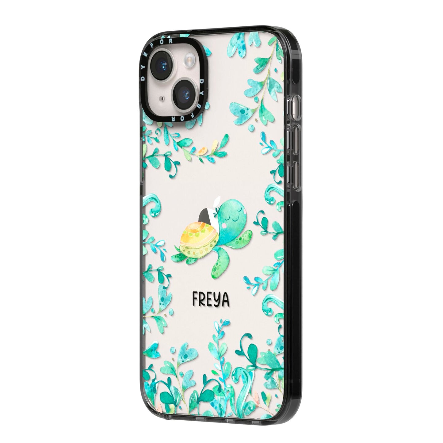 Personalised Green Turtle iPhone 14 Plus Black Impact Case Side Angle on Silver phone