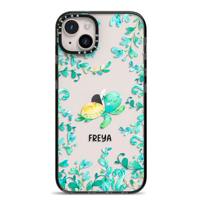 Personalised Green Turtle iPhone 14 Plus Black Impact Case on Silver phone