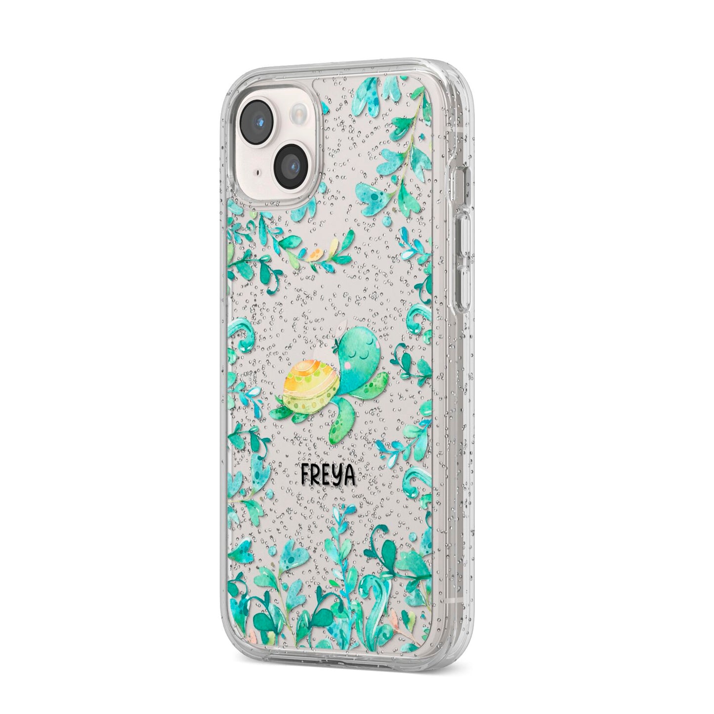 Personalised Green Turtle iPhone 14 Plus Glitter Tough Case Starlight Angled Image