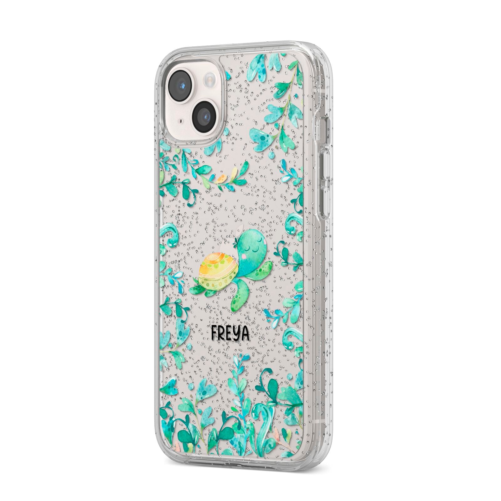 Personalised Green Turtle iPhone 14 Plus Glitter Tough Case Starlight Angled Image
