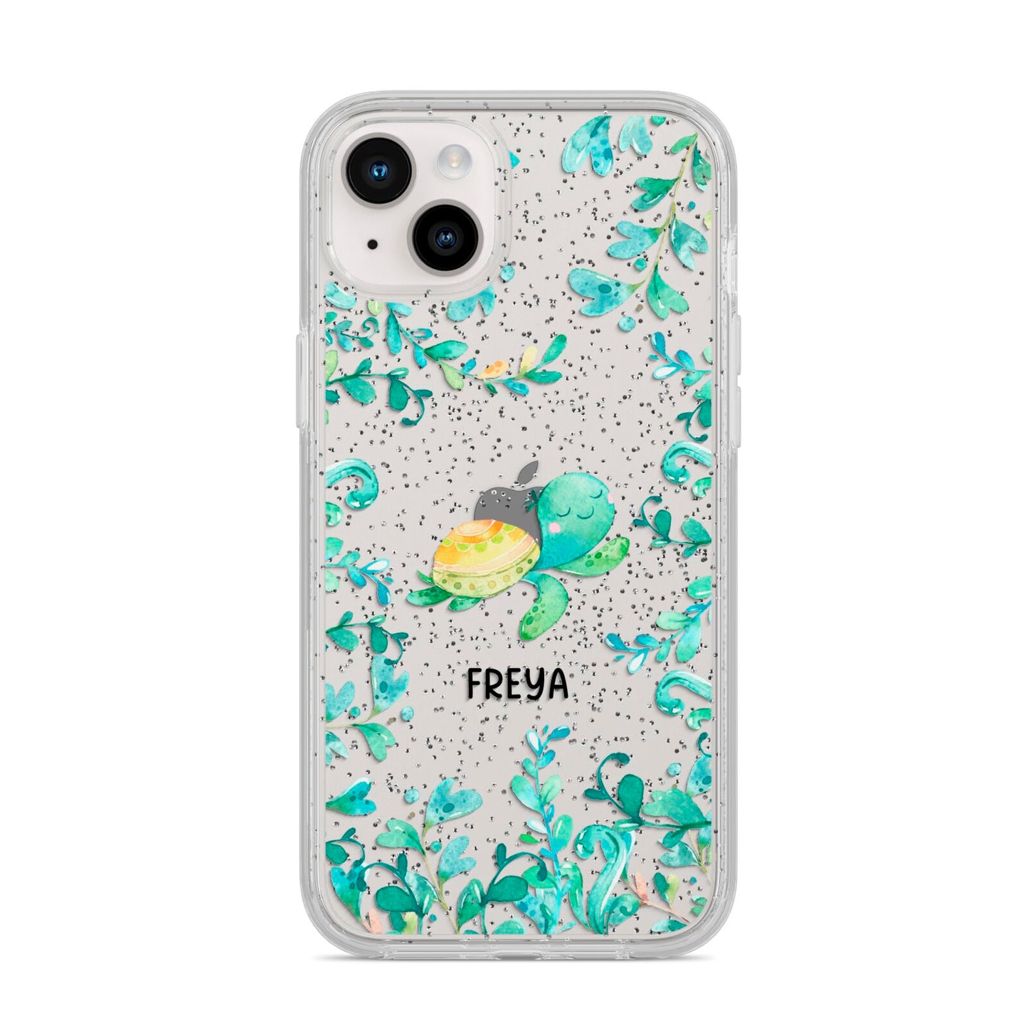 Personalised Green Turtle iPhone 14 Plus Glitter Tough Case Starlight