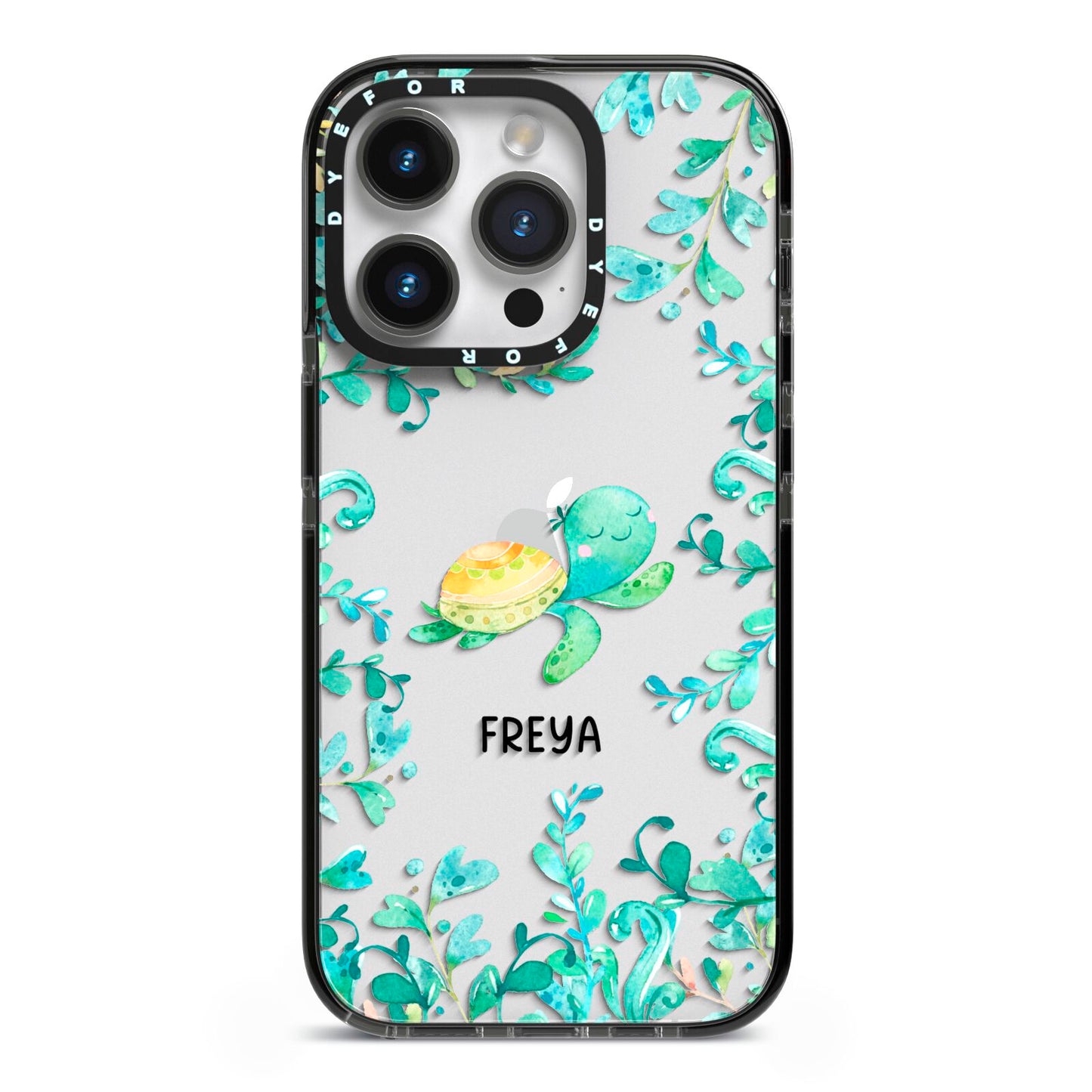 Personalised Green Turtle iPhone 14 Pro Black Impact Case on Silver phone